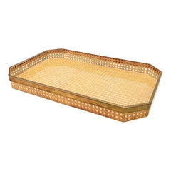 Midcentury Christian Dior Style Lucite Brass and Vienna Straw Serving Tray 1970s