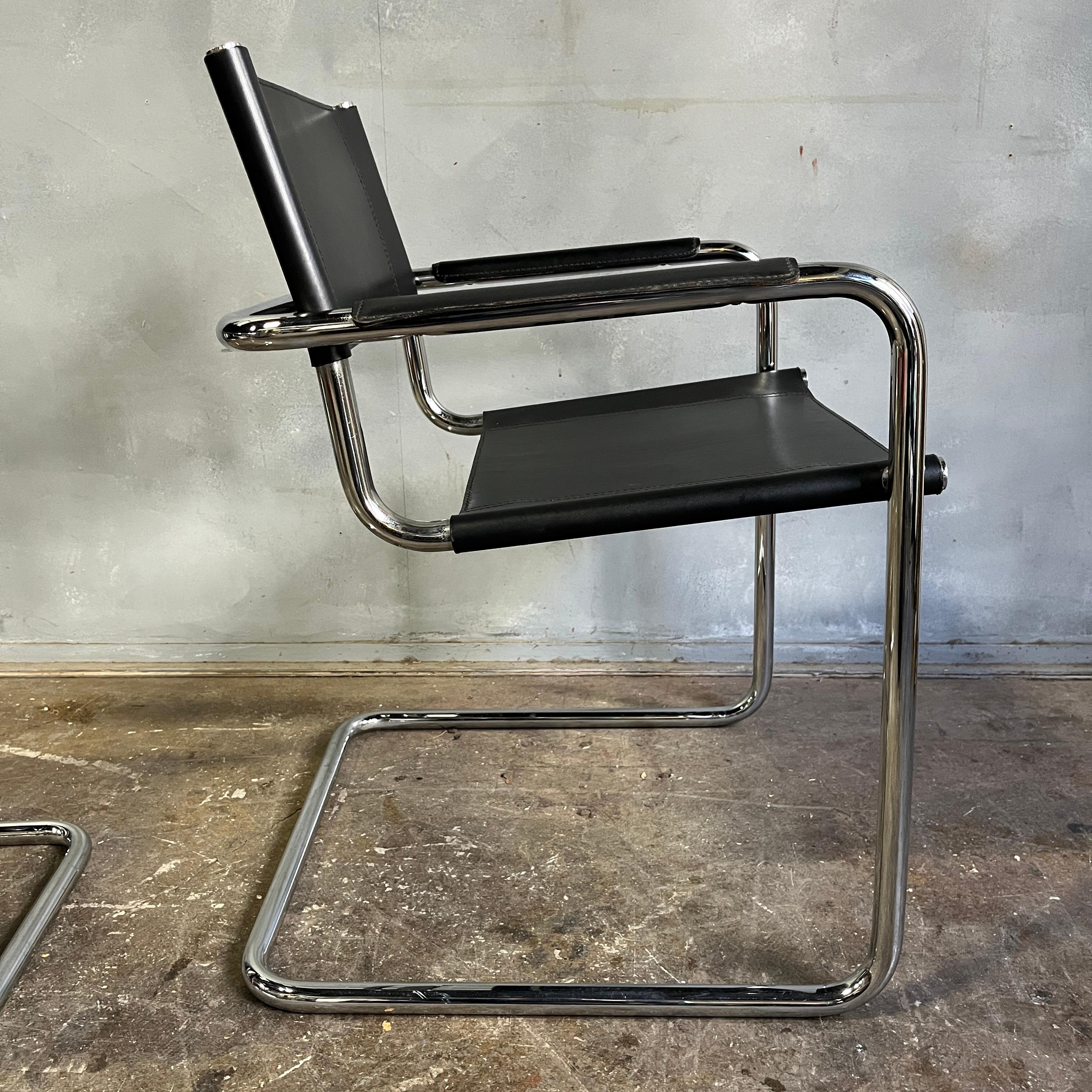 German Midcentury chrome and Black Leather Dining Chairs by Mart Stam (pair) For Sale