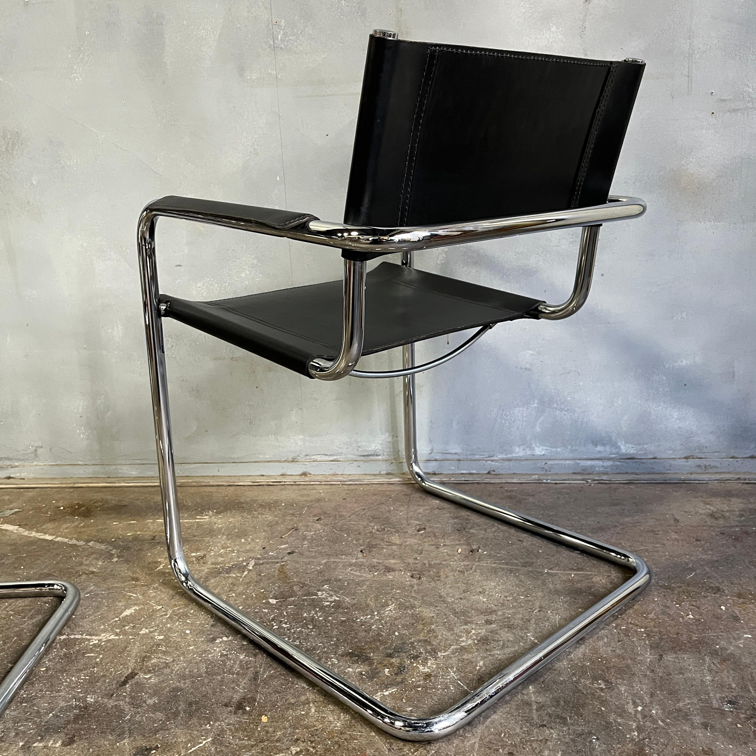 Midcentury chrome and Black Leather Dining Chairs by Mart Stam (pair) In Good Condition For Sale In BROOKLYN, NY
