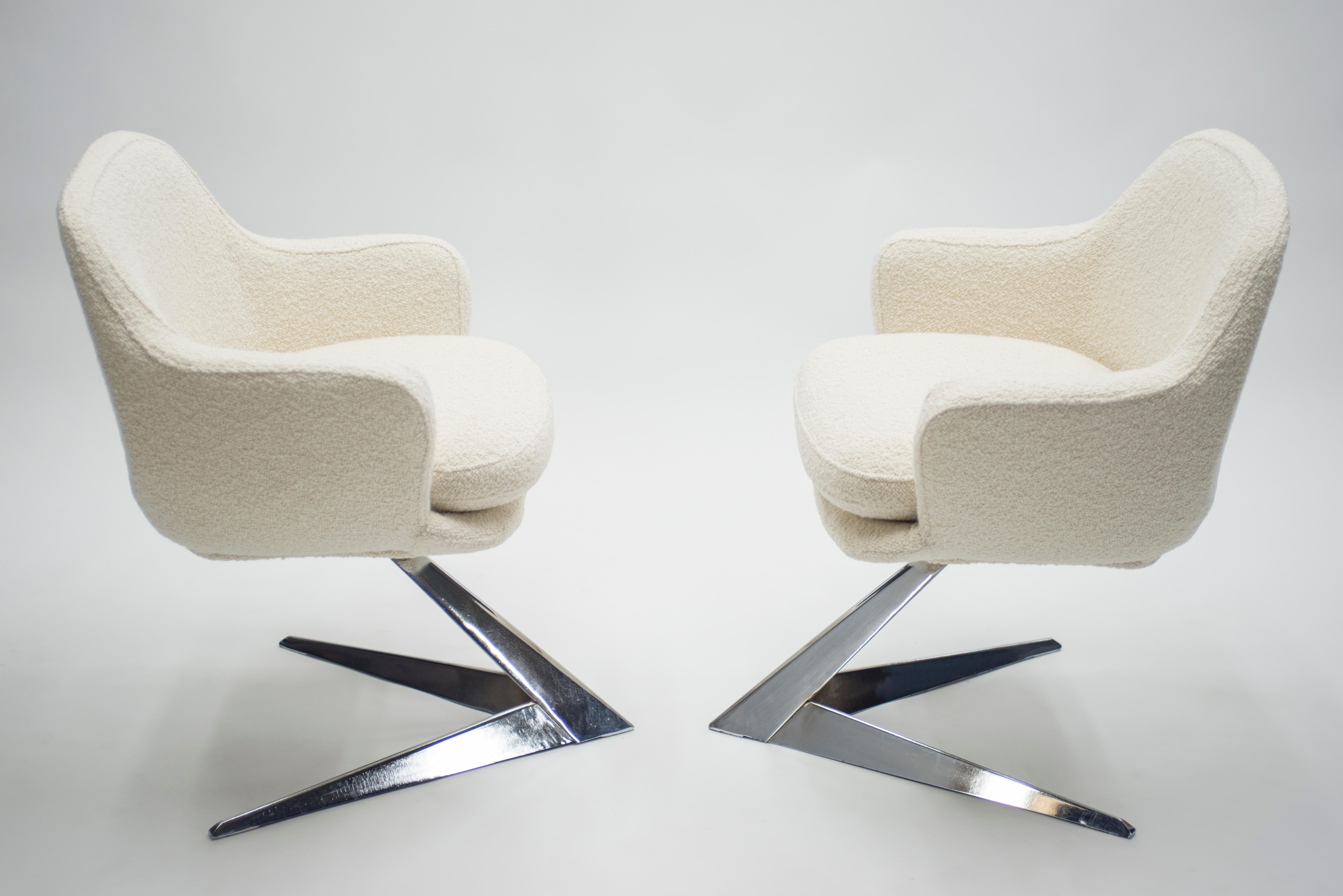 French Mid Century Chrome and Bouclette Armchairs Attributed to Jacques Adnet, 1960s