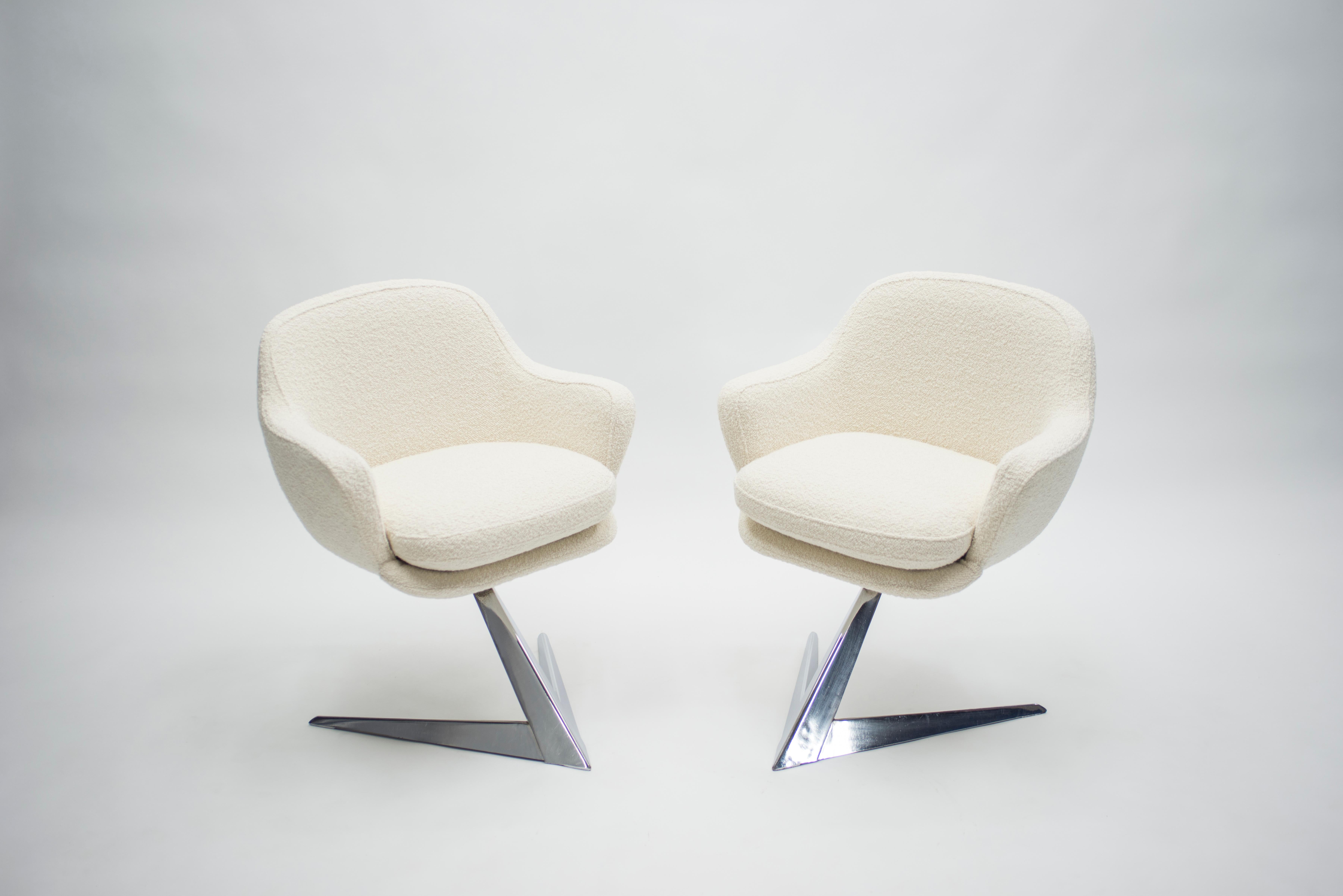 Metal Mid Century Chrome and Bouclette Armchairs Attributed to Jacques Adnet, 1960s
