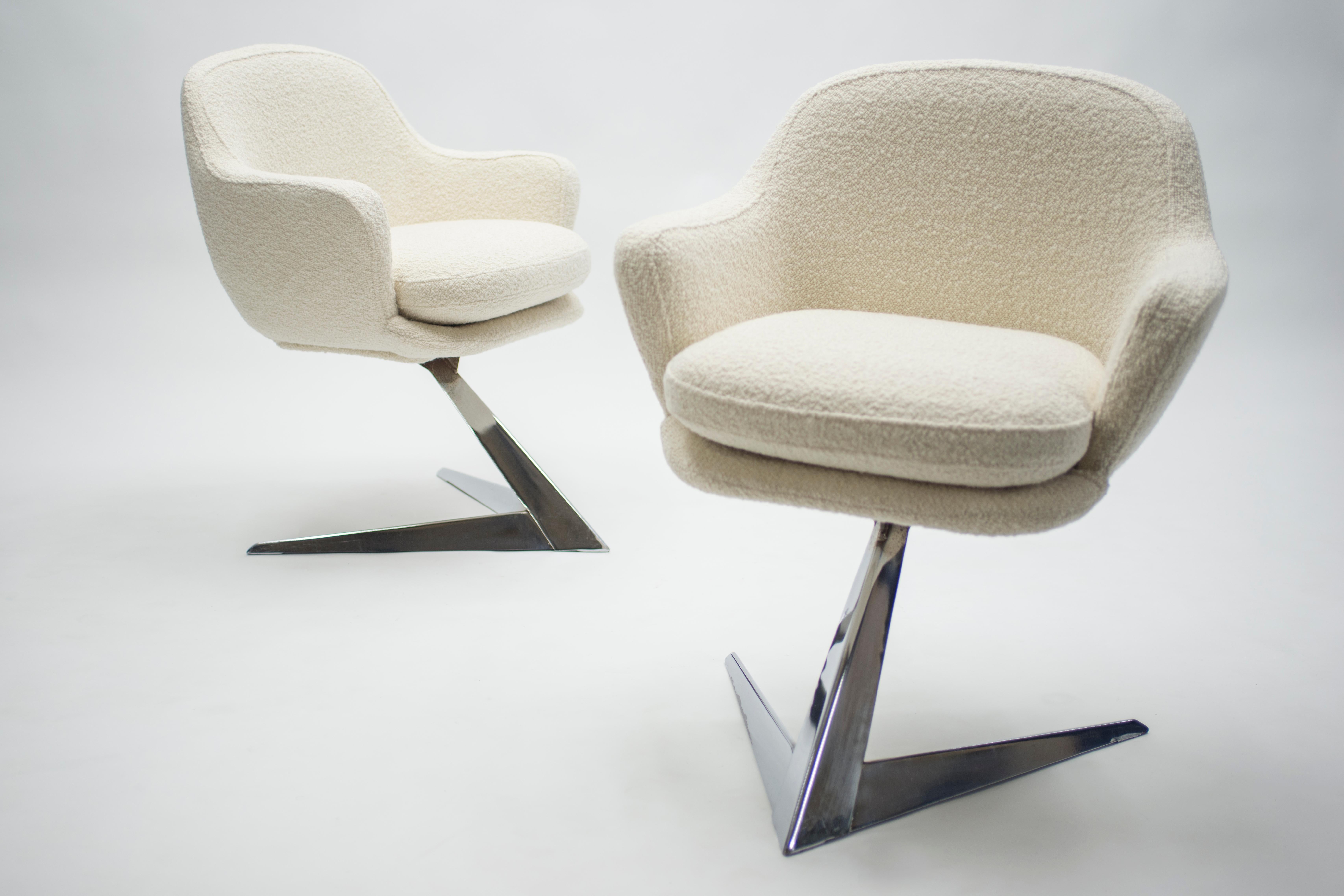 Mid Century Chrome and Bouclette Armchairs Attributed to Jacques Adnet, 1960s 1