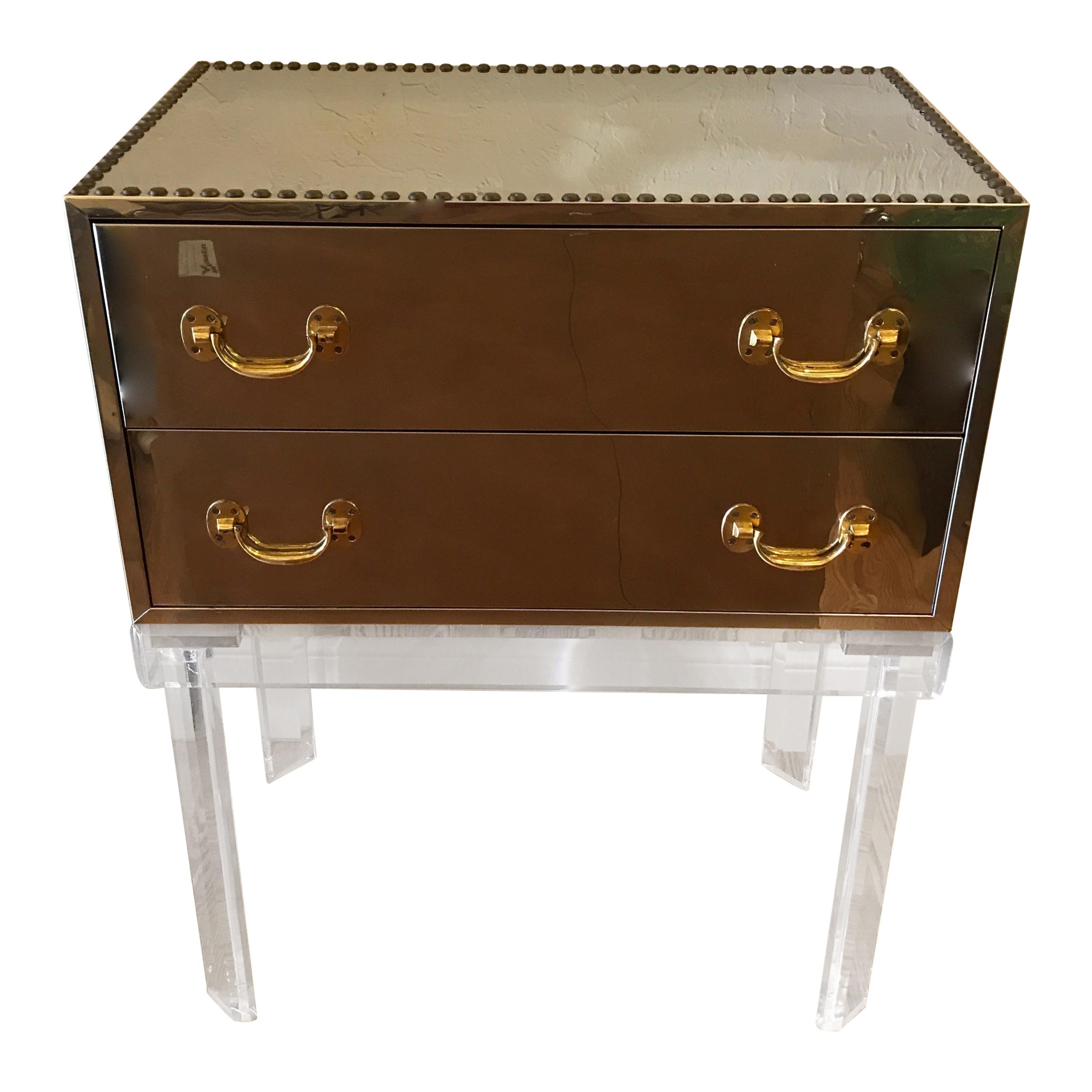 Midcentury Chrome and Brass Chest on Lucite Stand For Sale