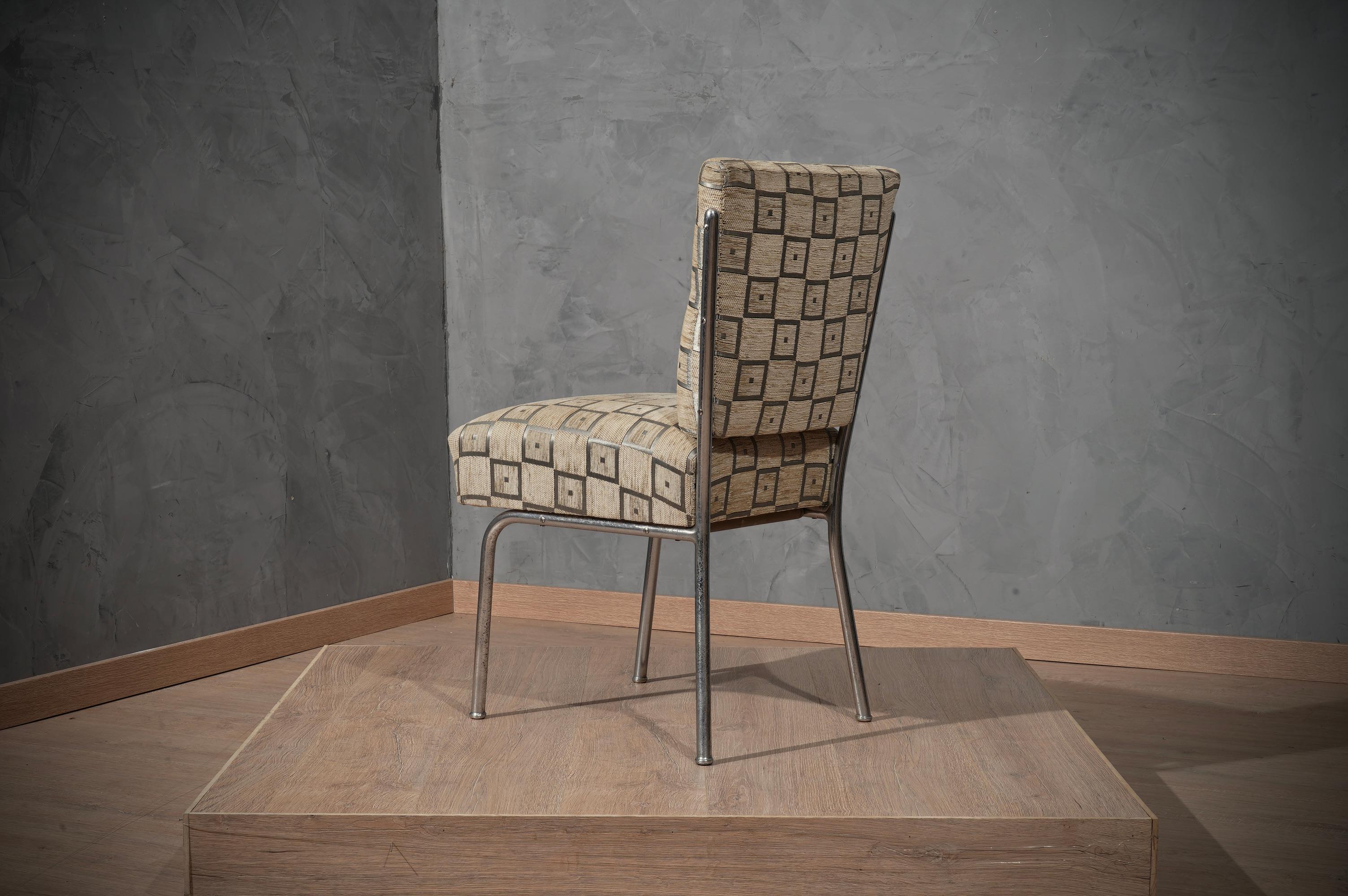 Italian MidCentury Chrome and Geometric Velvet Chair, 1950 For Sale