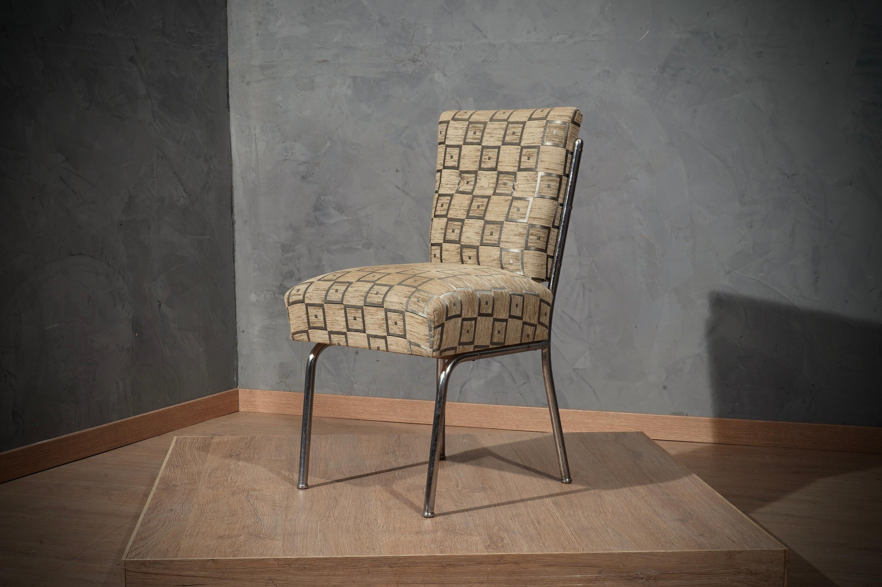 MidCentury Chrome and Geometric Velvet Side Chair, 1950 1