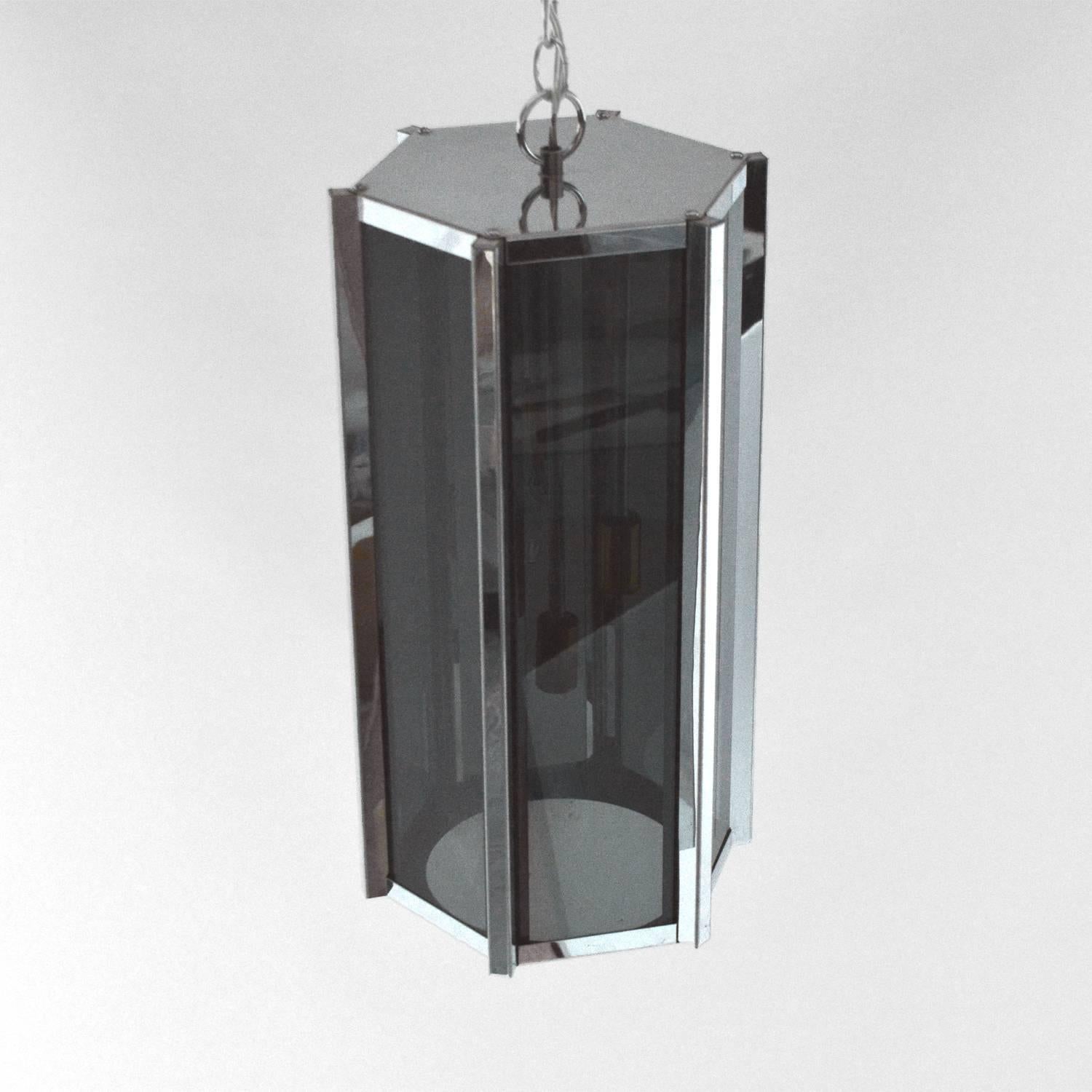 Midcentury Chrome and Grey Glass Pendant Chandelier In Good Condition For Sale In Palm Springs, CA