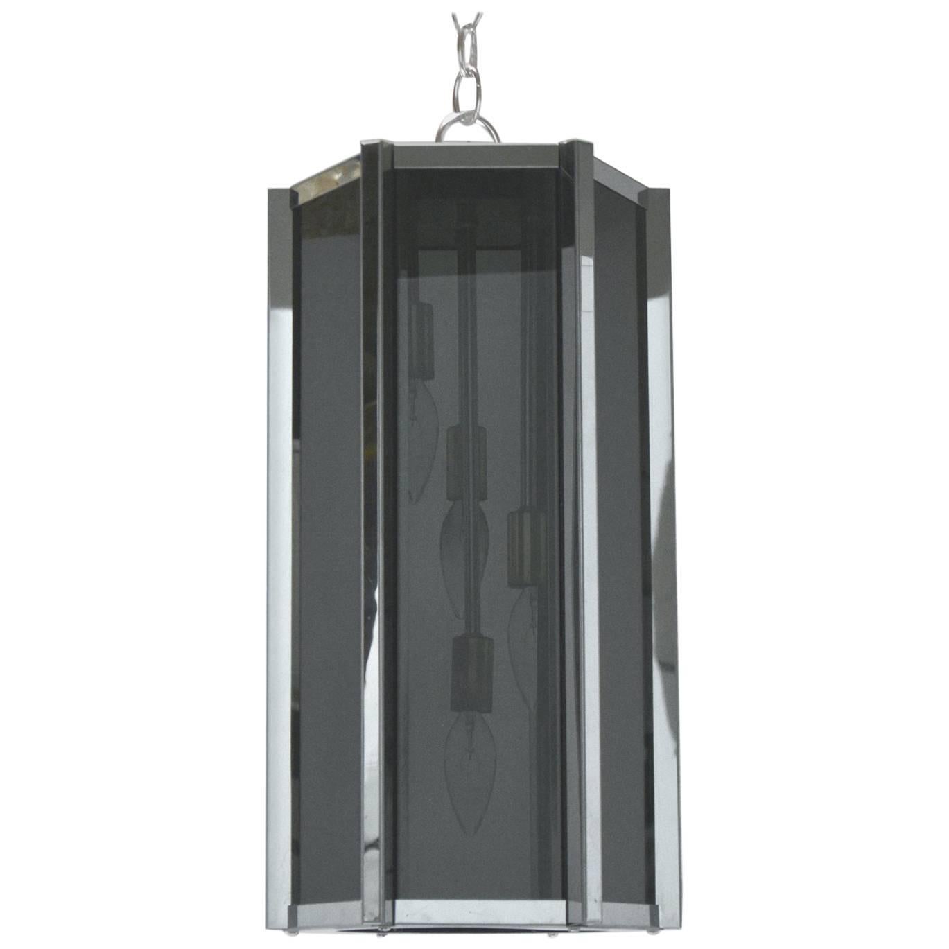 Midcentury Chrome and Grey Glass Pendant Chandelier For Sale