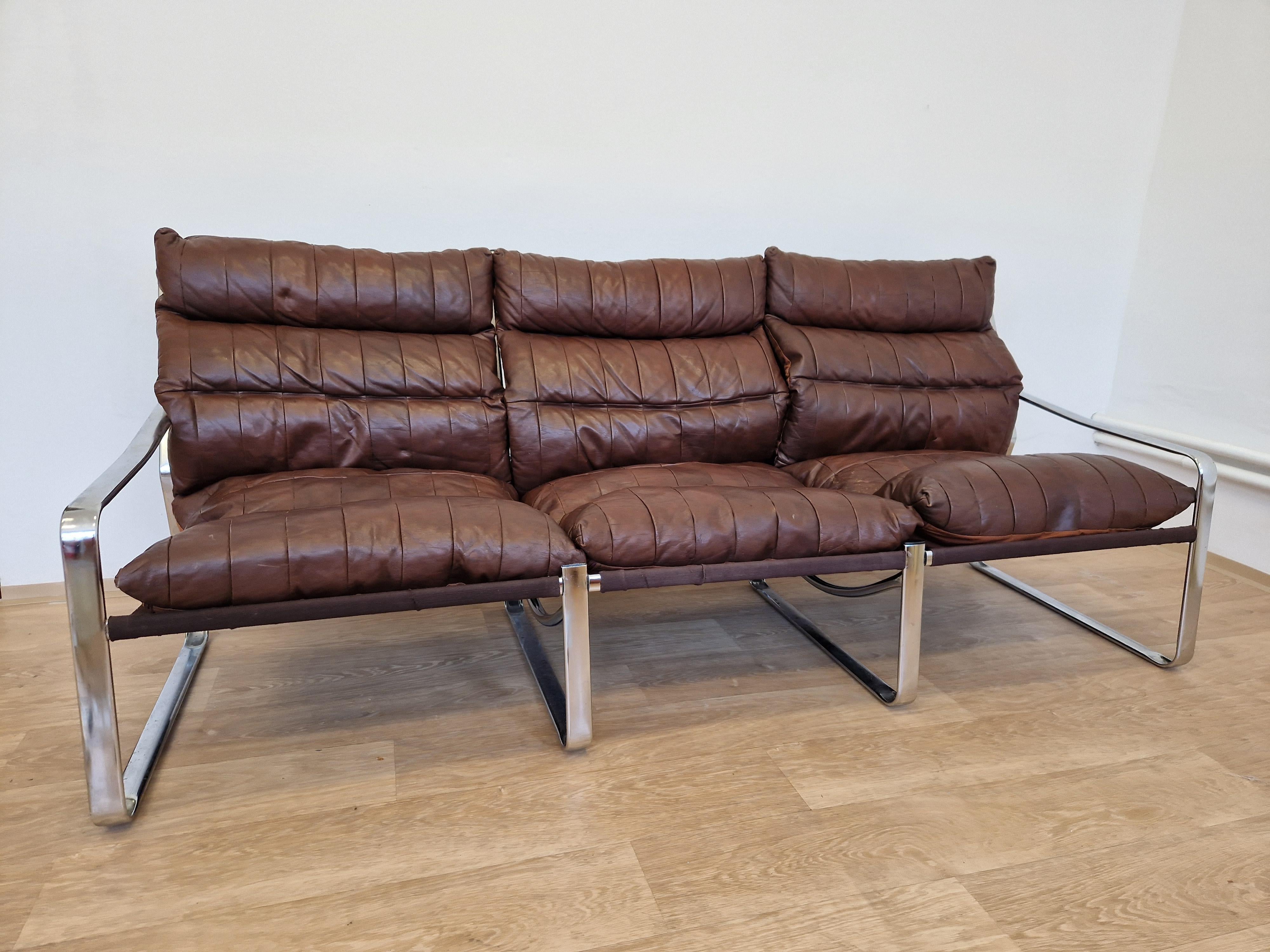 Mid-Century Modern Midcentury Chrome and Patchwork Leather Scandinavian Design Sofa, Sweden, 1970s