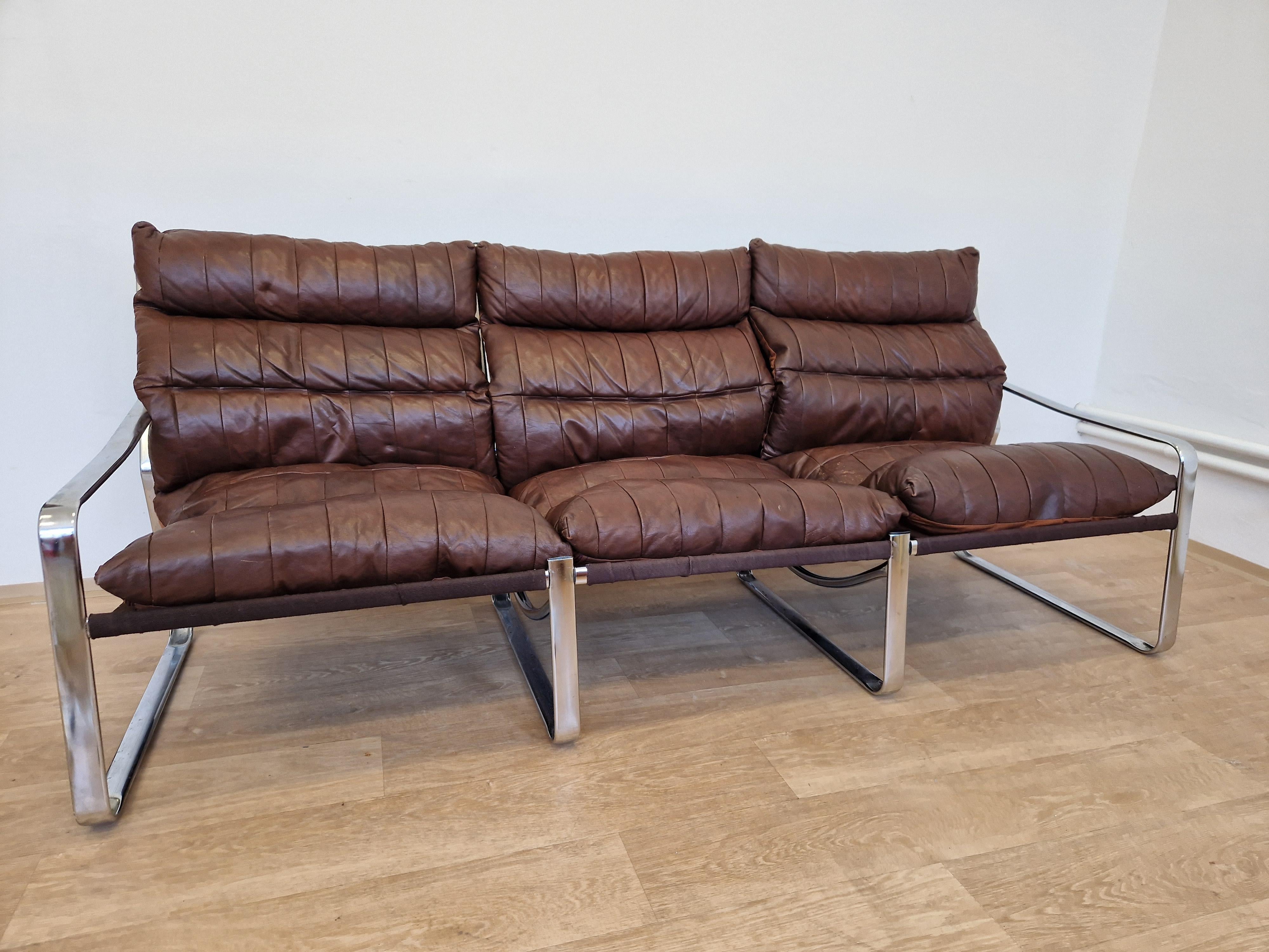 Swedish Midcentury Chrome and Patchwork Leather Scandinavian Design Sofa, Sweden, 1970s