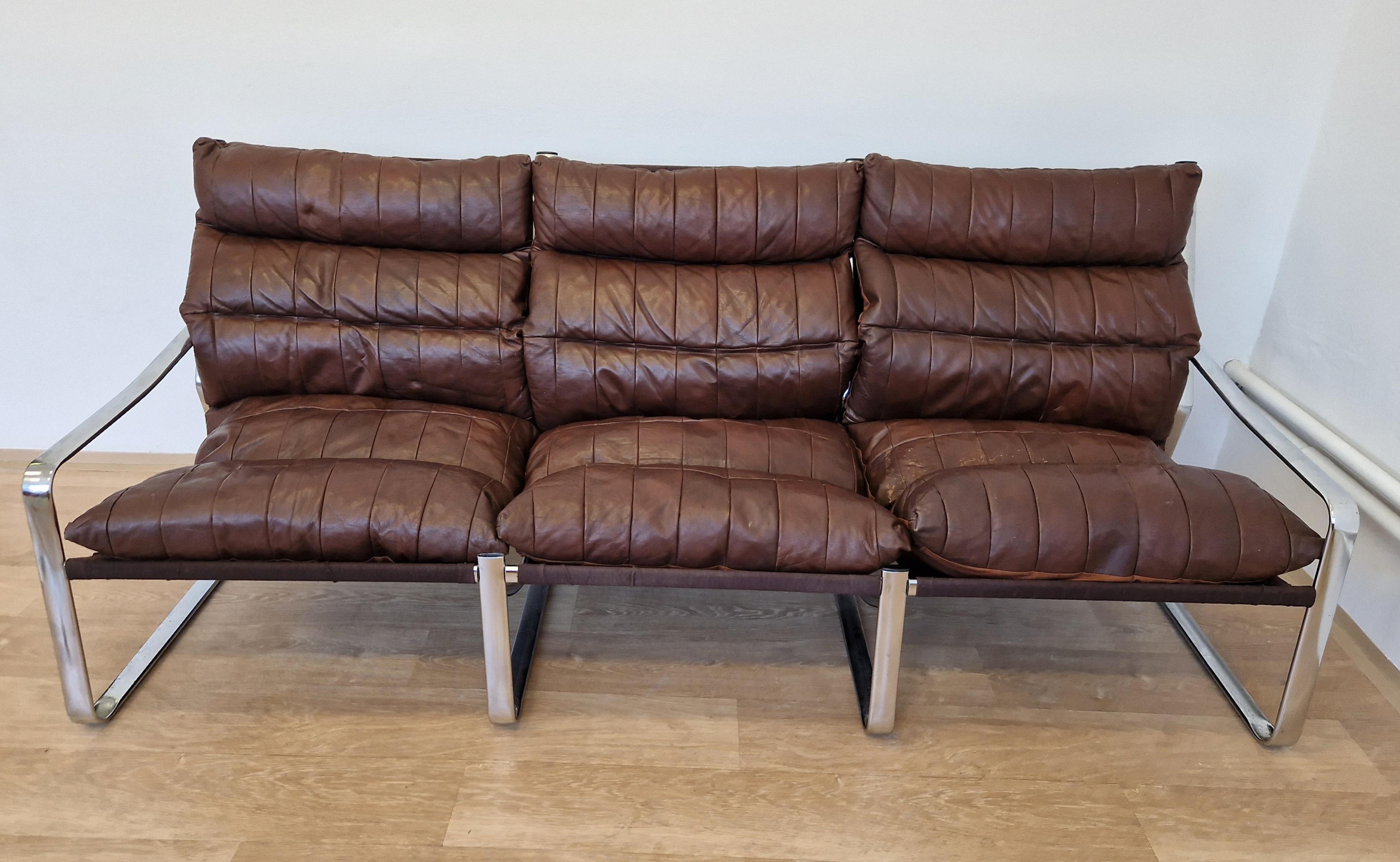 Midcentury Chrome and Patchwork Leather Scandinavian Design Sofa, Sweden, 1970s In Good Condition In Praha, CZ
