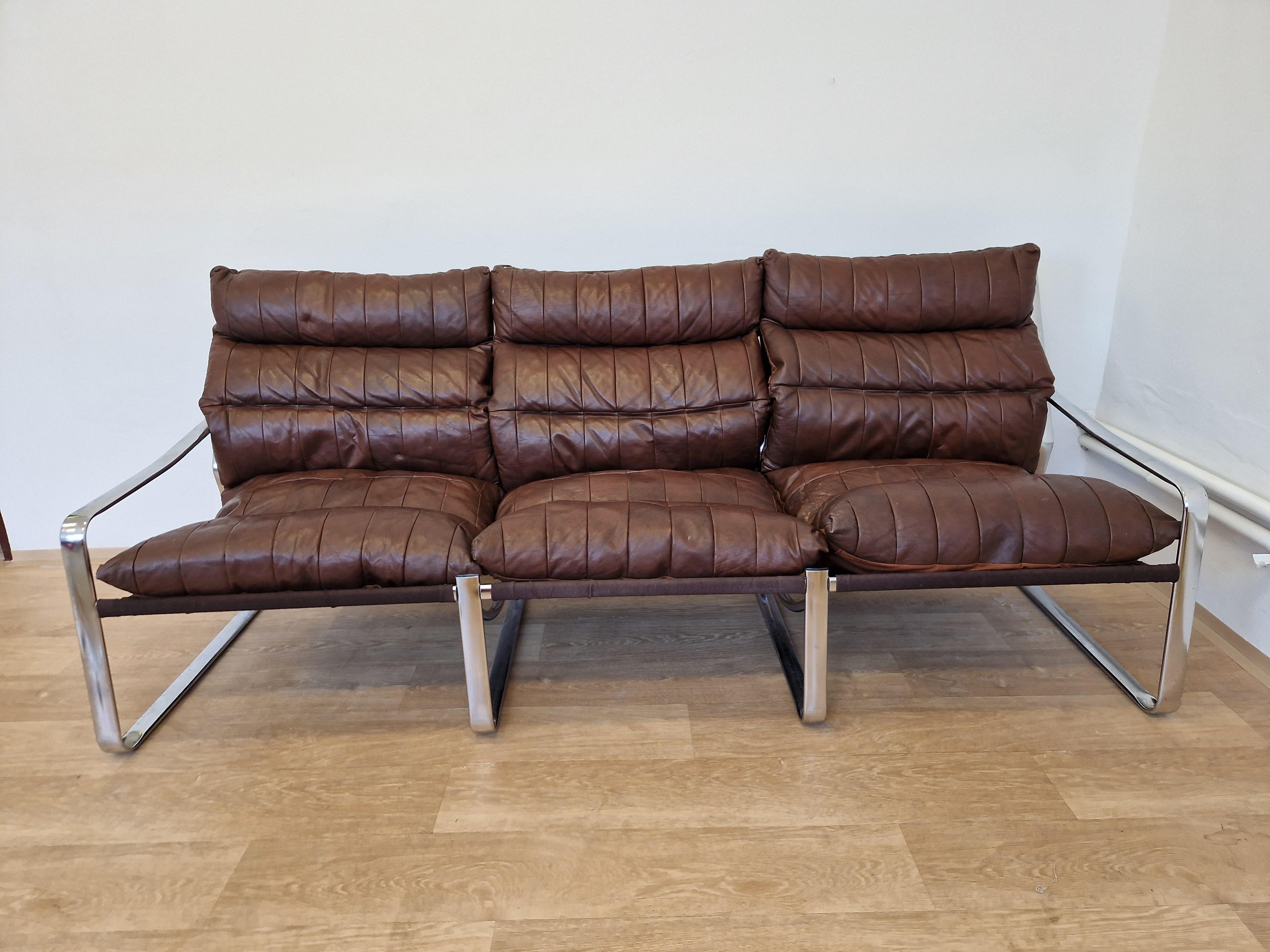 Late 20th Century Midcentury Chrome and Patchwork Leather Scandinavian Design Sofa, Sweden, 1970s