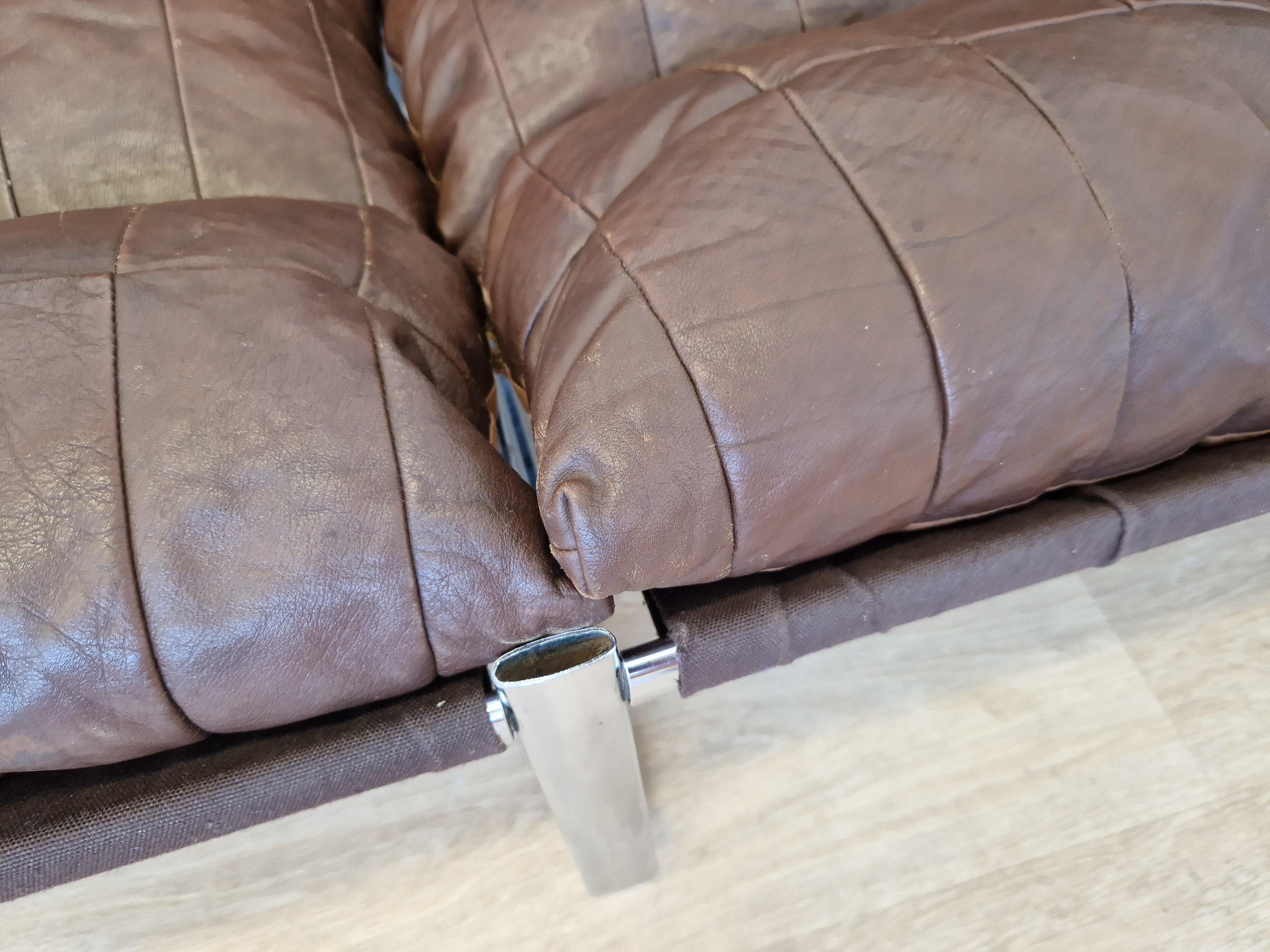 Midcentury Chrome and Patchwork Leather Scandinavian Design Sofa, Sweden, 1970s 1