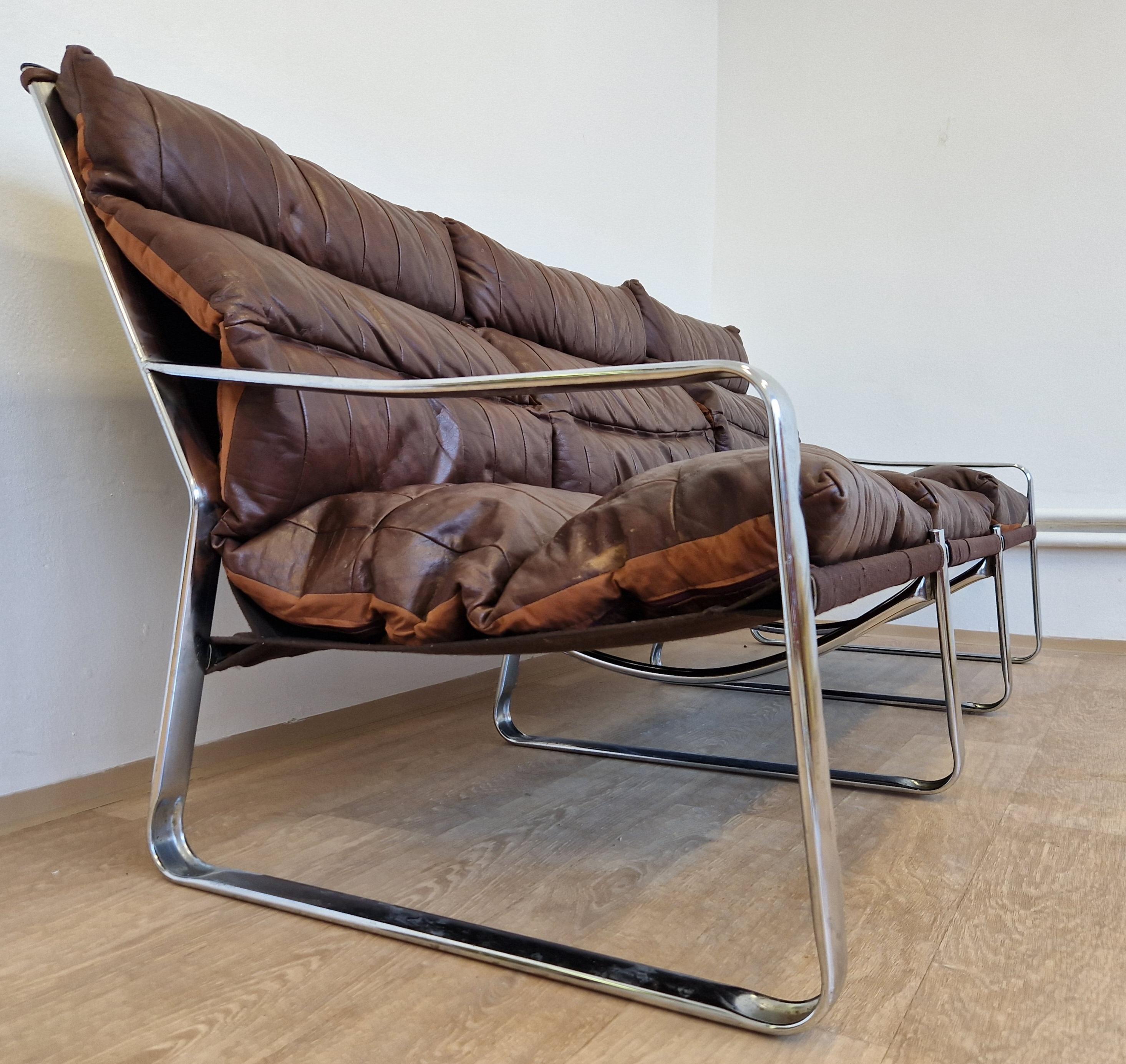 Midcentury Chrome and Patchwork Leather Scandinavian Design Sofa, Sweden, 1970s 3