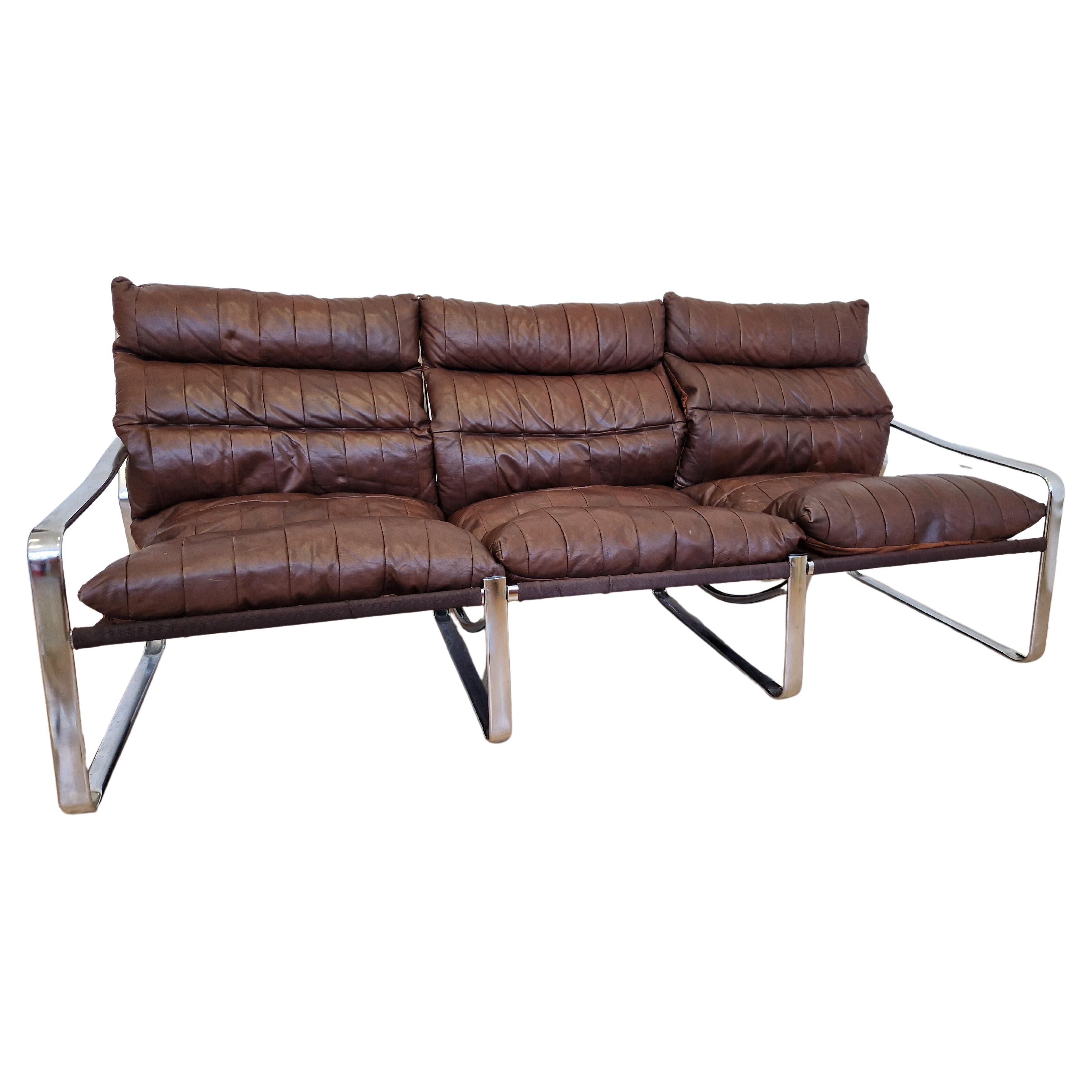 Midcentury Chrome and Patchwork Leather Scandinavian Design Sofa, Sweden, 1970s