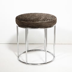 Midcentury Chrome and Smoked Bronze Gauffraged Velvet Stool by Arthur Umanoff