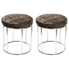 Midcentury Chrome and Smoked Bronze Gauffraged Velvet Stools by Arthur Umanoff