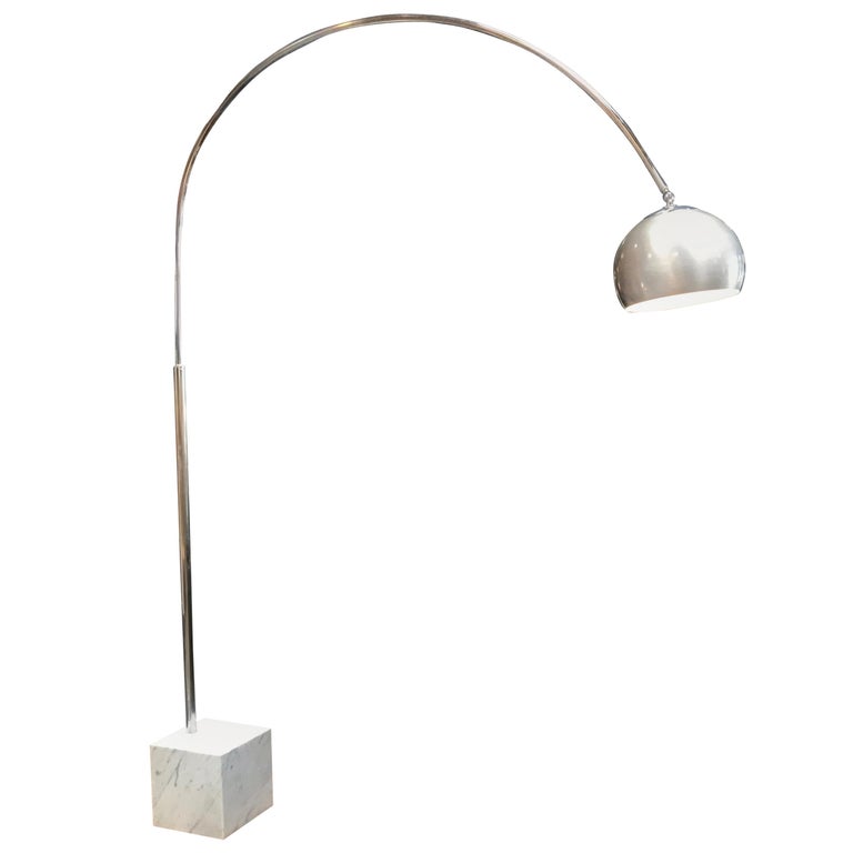 Midcentury Chrome Arc Floor Lamp with Carrara Marble Base, Italy, 1960s