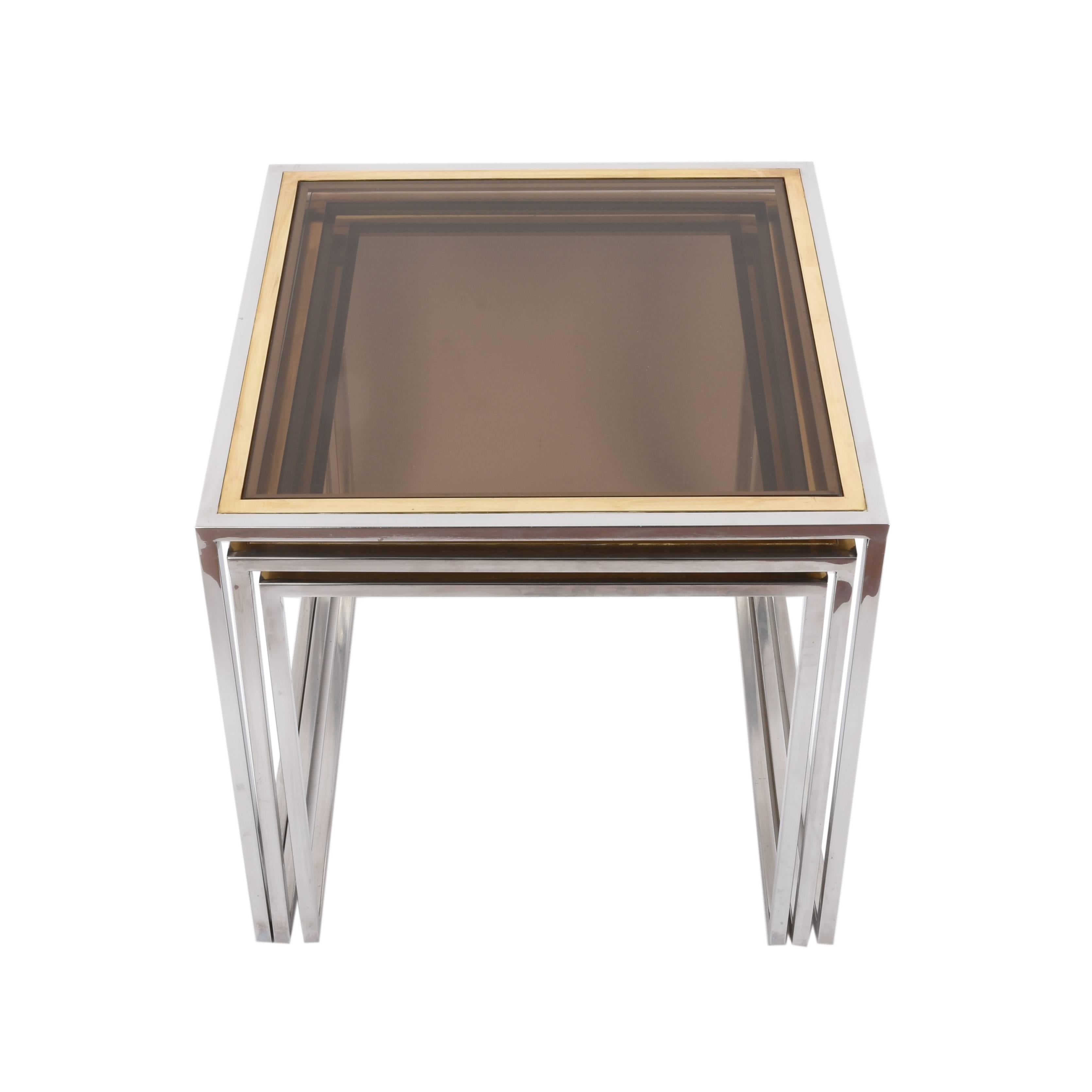 Midcentury Chrome, Brass and Smoked Glass Italian Nesting Tables, 1970s In Fair Condition For Sale In Roma, IT