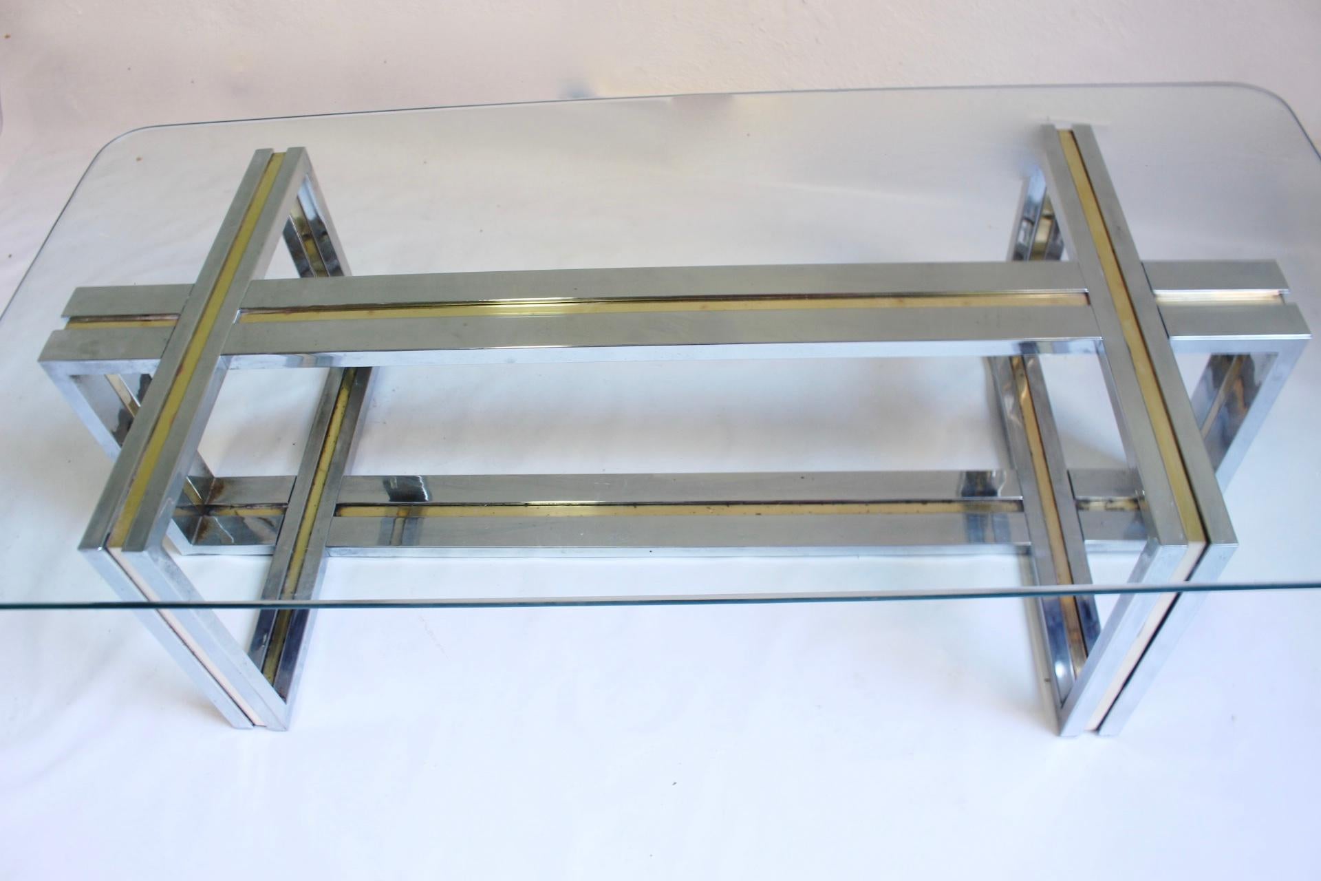 Italian Midcentury Chrome and Brass Coffee Table in the Manner of Romeo Rega, 1970s For Sale