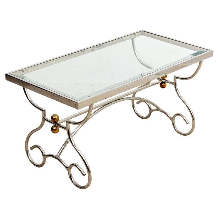 Midcentury Chrome Brass Glass Top Rectangular Coffee Table For Sale at