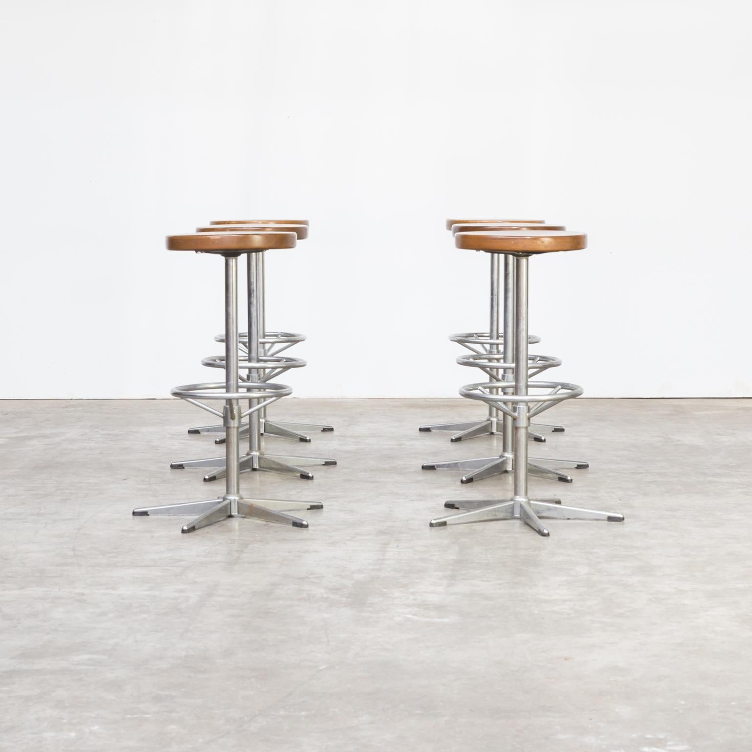 Mid-Century Modern Midcentury Chrome Framed Stools with Wooden Seat Set of Six For Sale