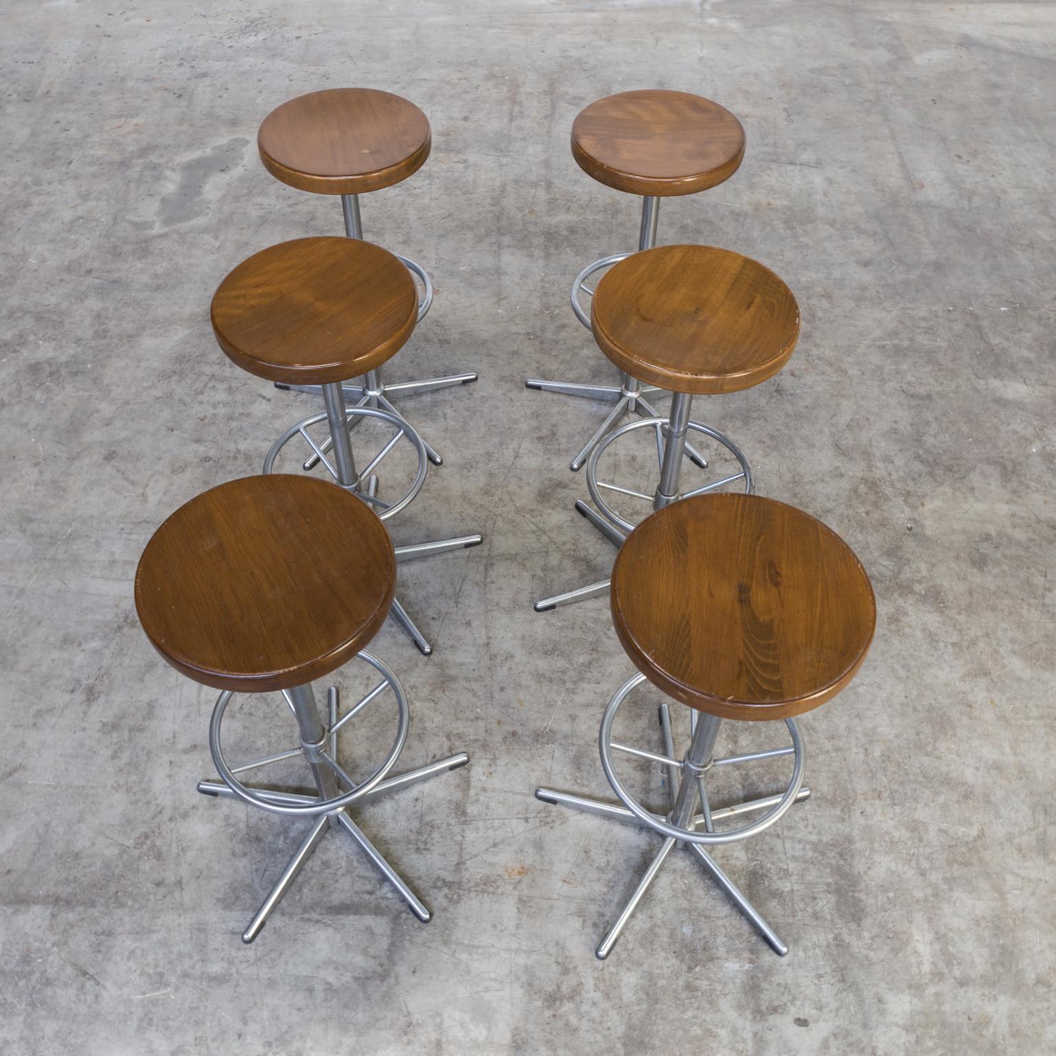 Metal Midcentury Chrome Framed Stools with Wooden Seat Set of Six For Sale