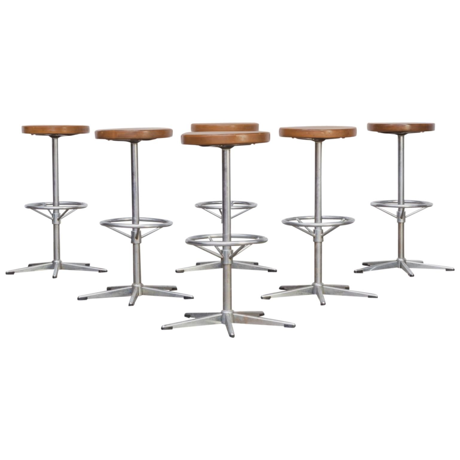 Midcentury Chrome Framed Stools with Wooden Seat Set of Six For Sale