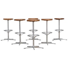 Midcentury Chrome Framed Stools with Wooden Seat Set of Six