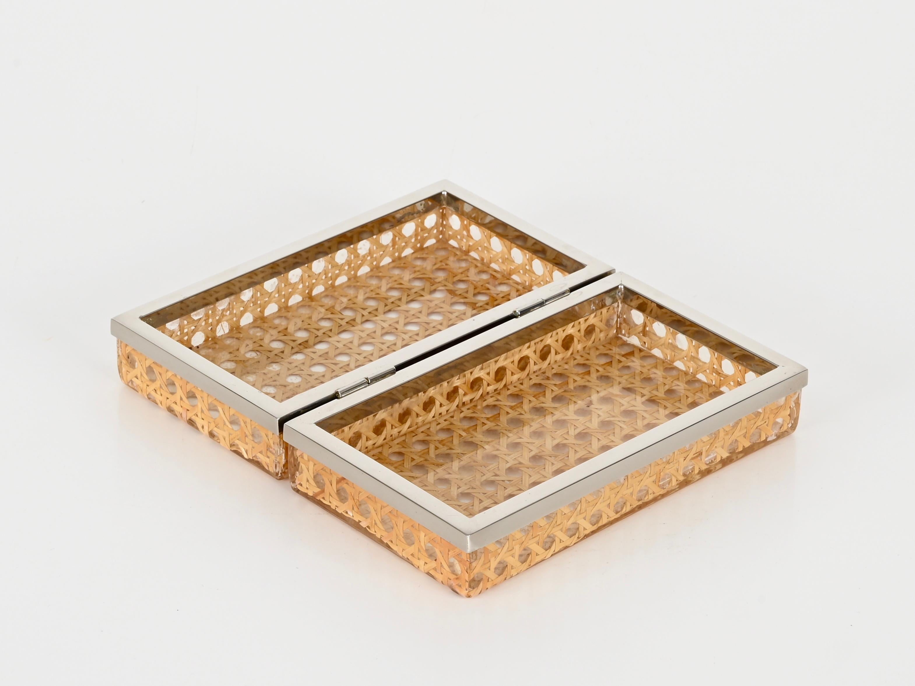 Midcentury Chrome, Lucite and Vienna Straw Italian Box 1970s Christian Dior For Sale 3