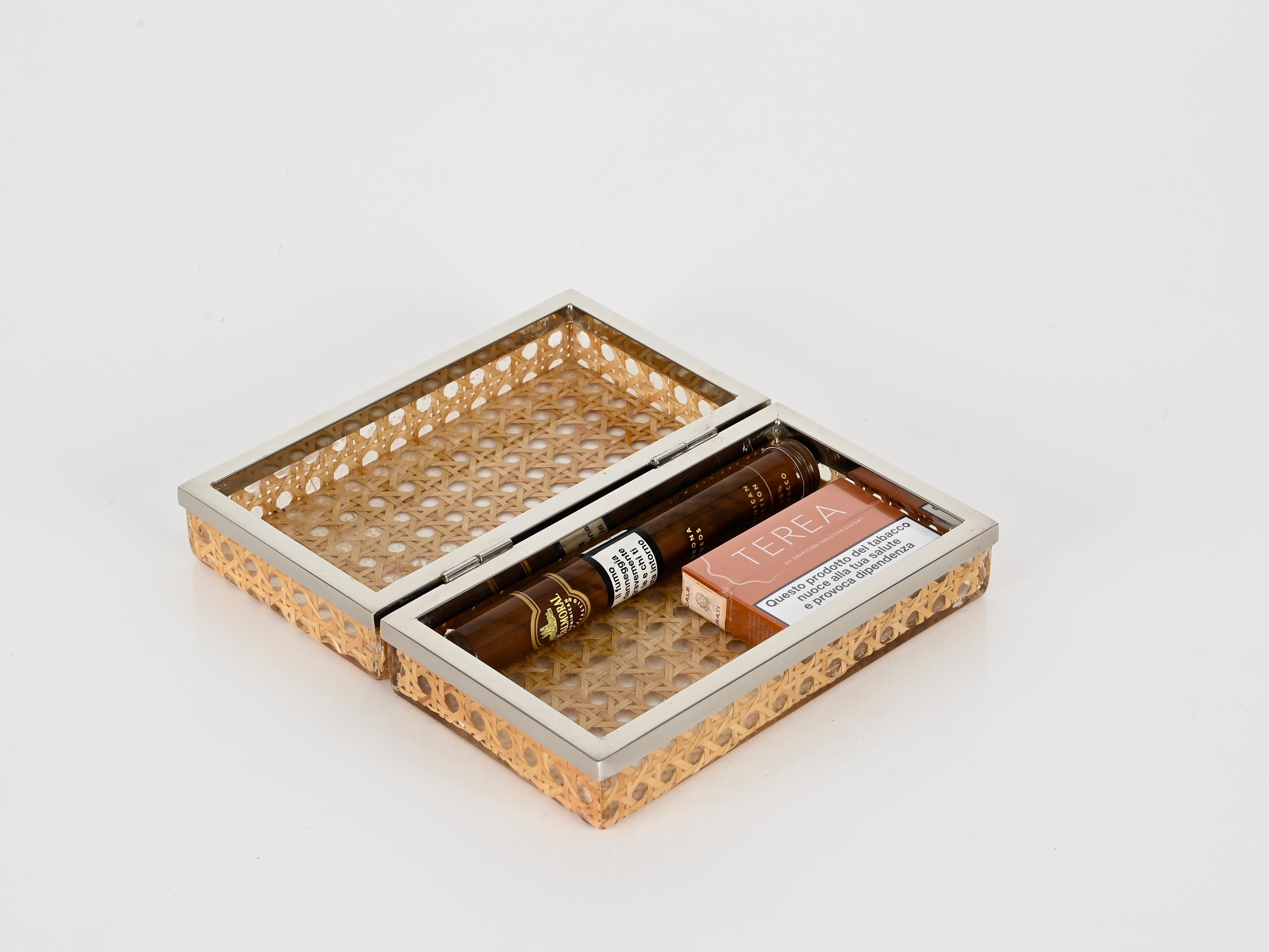 Wicker Midcentury Chrome, Lucite and Vienna Straw Italian Box 1970s Christian Dior For Sale