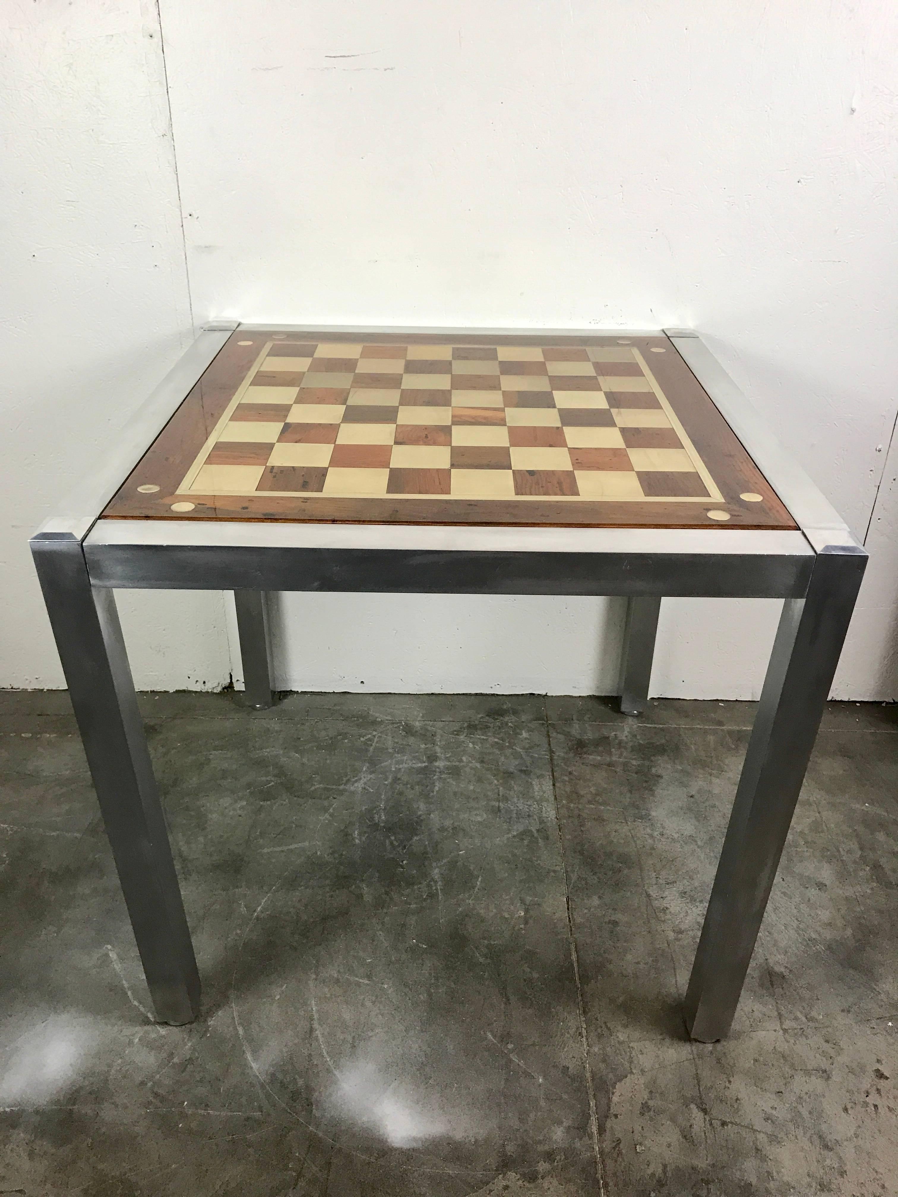Midcentury chrome parsons games table, with inlaid wood and brass 23