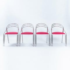 midcentury chrome pink velvet dining chair set, 4 pcs, Italy 1970s