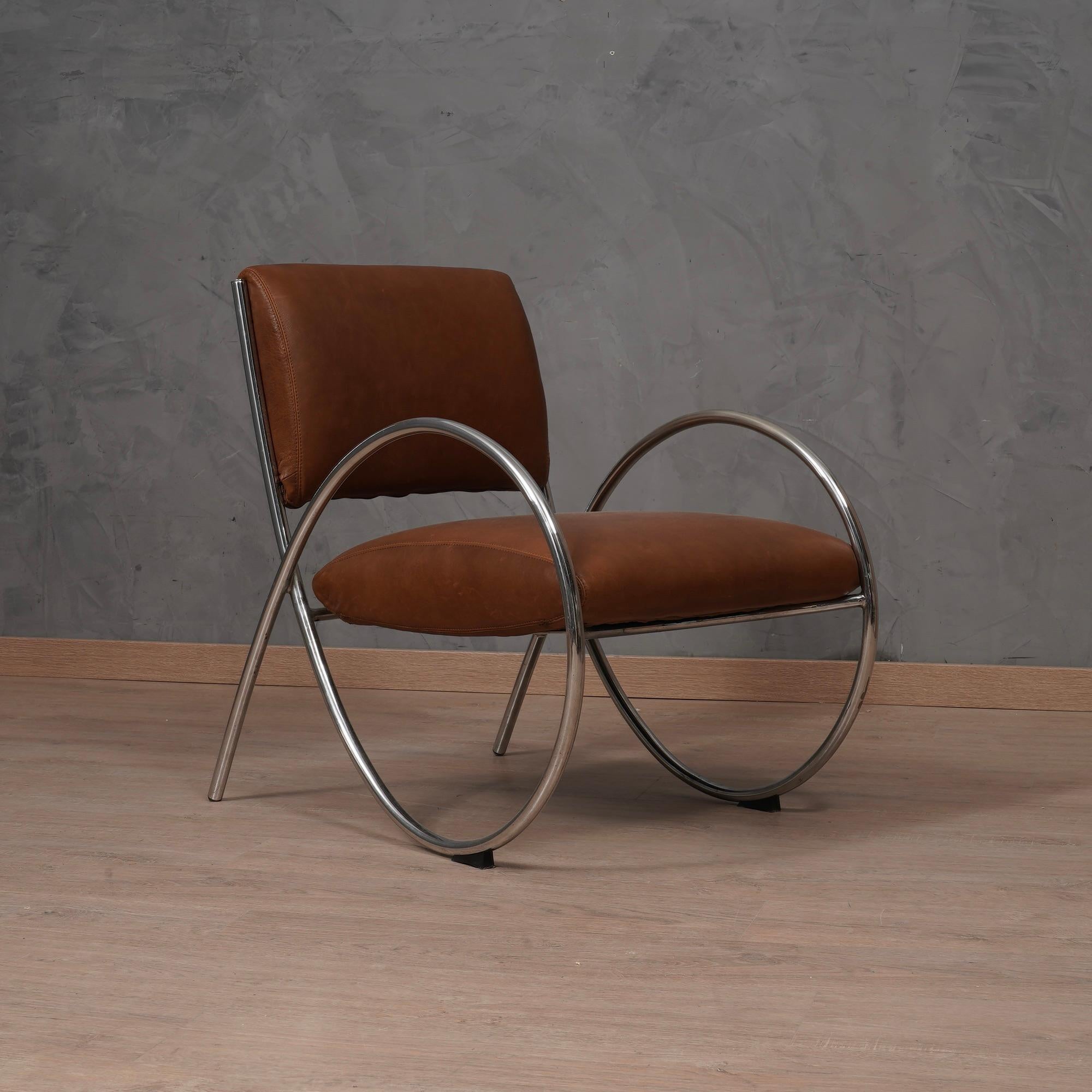 MidCentury Chromed Metal and Leather Armchair, 1980 In Good Condition For Sale In Rome, IT