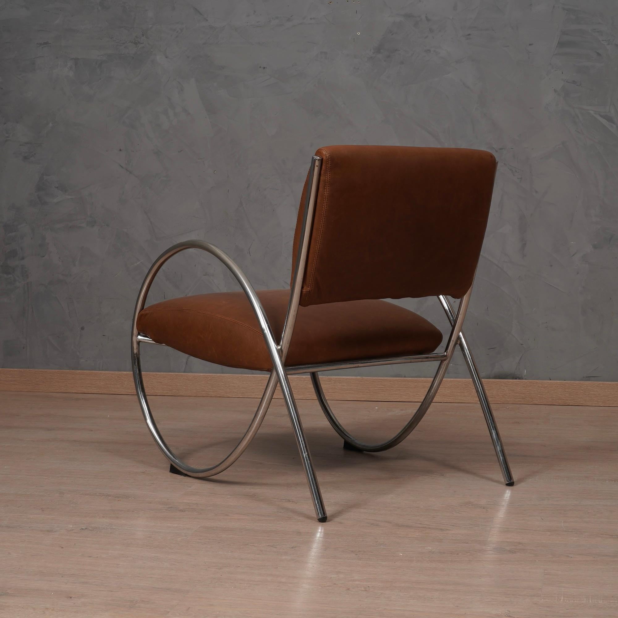 Late 20th Century MidCentury Chromed Metal and Leather Armchair, 1980 For Sale