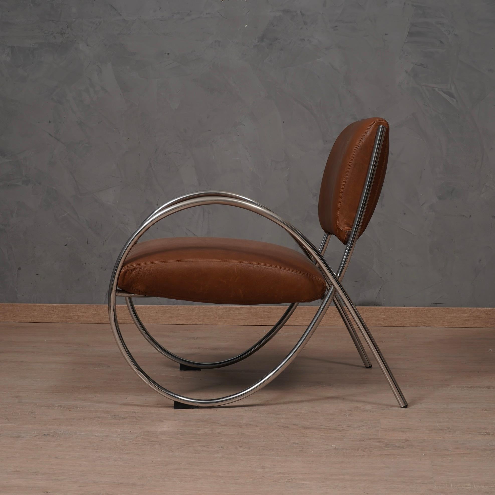 Steel MidCentury Chromed Metal and Leather Armchair, 1980 For Sale