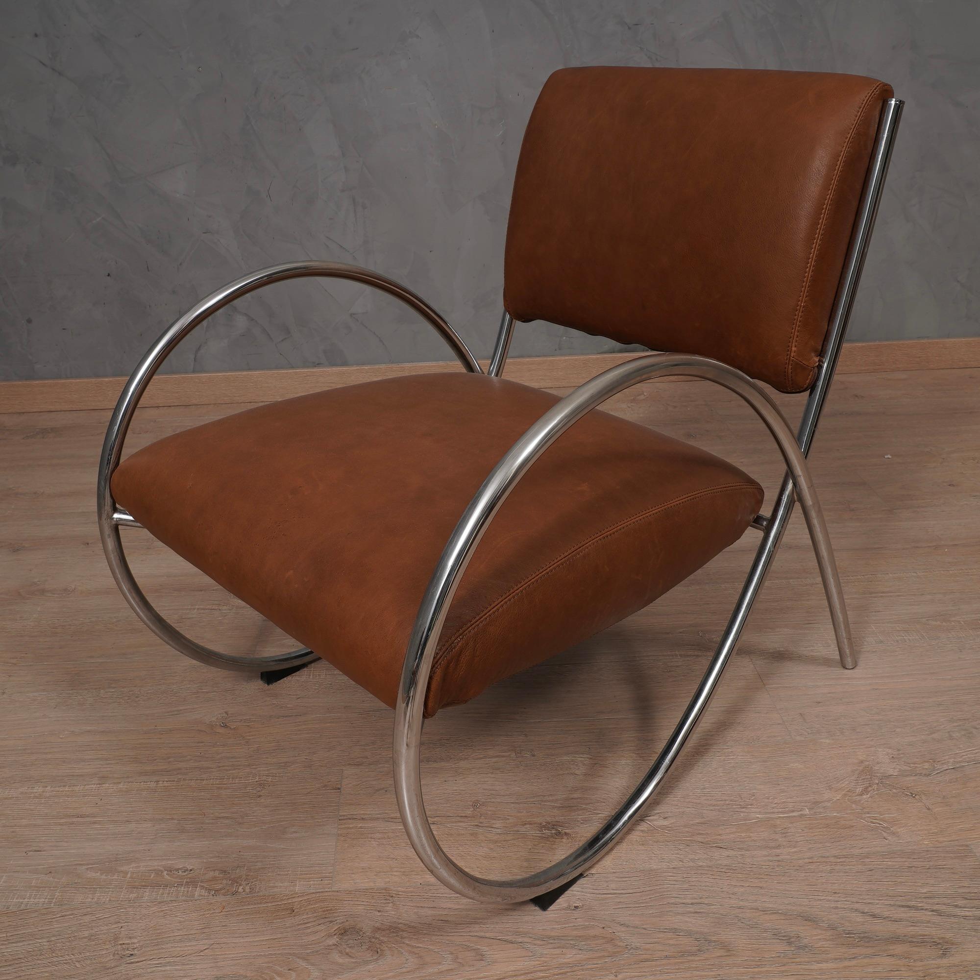 MidCentury Chromed Metal and Leather Armchair, 1980 For Sale 1
