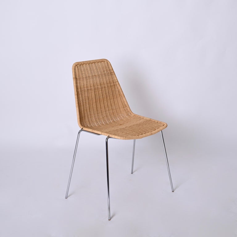 Mid-Century Set of 4 Chromed Metal, Rattan Italian Chairs, Campo and ...