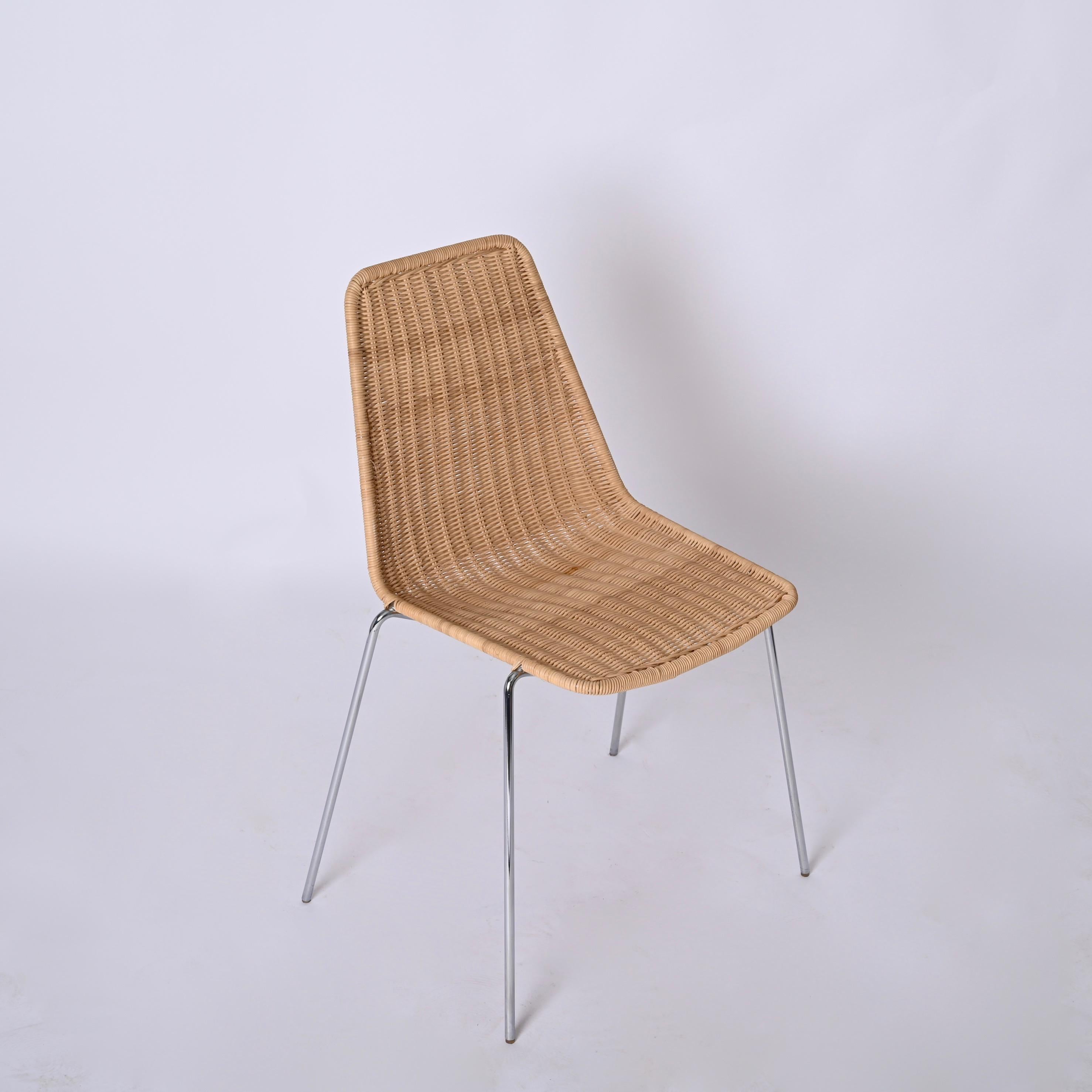 Ensemble de 4 chaises italiennes du milieu du siècle en métal chromé et rotin, Campo & Graffi, années 1970 en vente 5