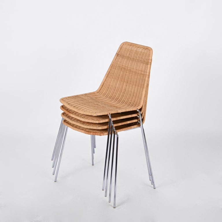 Mid-Century Set of 4 Chromed Metal, Rattan Italian Chairs, Campo and ...