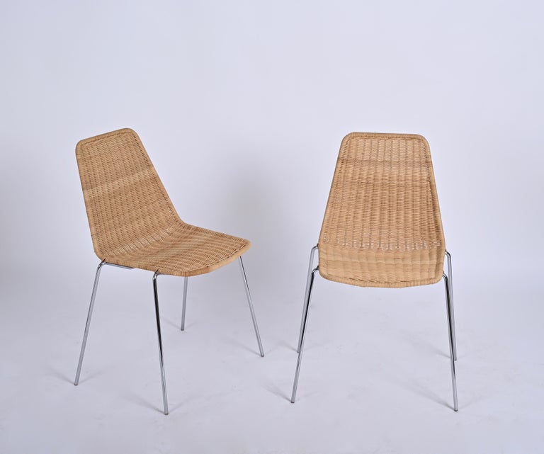 Mid-Century Set of 4 Chromed Metal, Rattan Italian Chairs, Campo and ...
