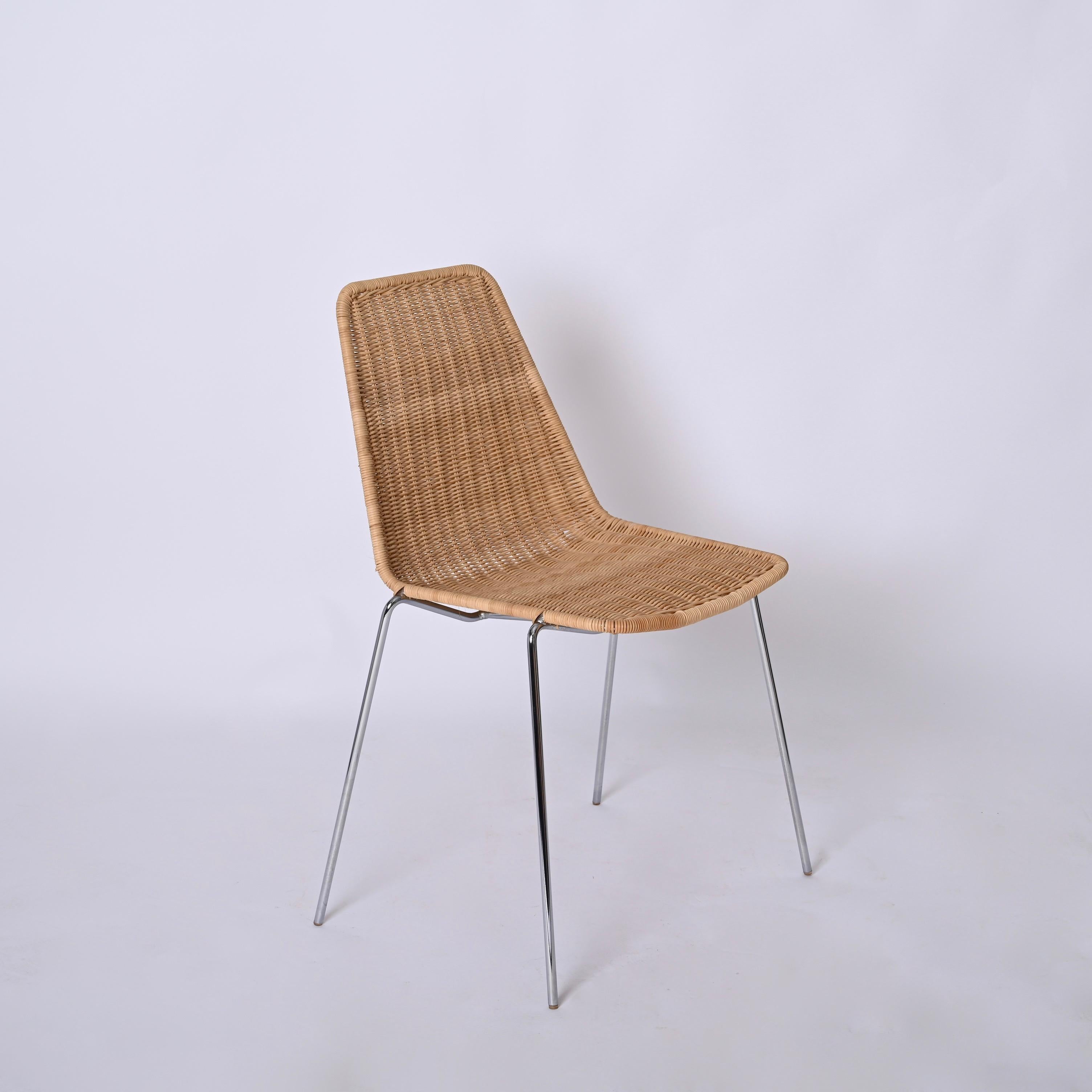 Ensemble de 4 chaises italiennes du milieu du siècle en métal chromé et rotin, Campo & Graffi, années 1970 en vente 13