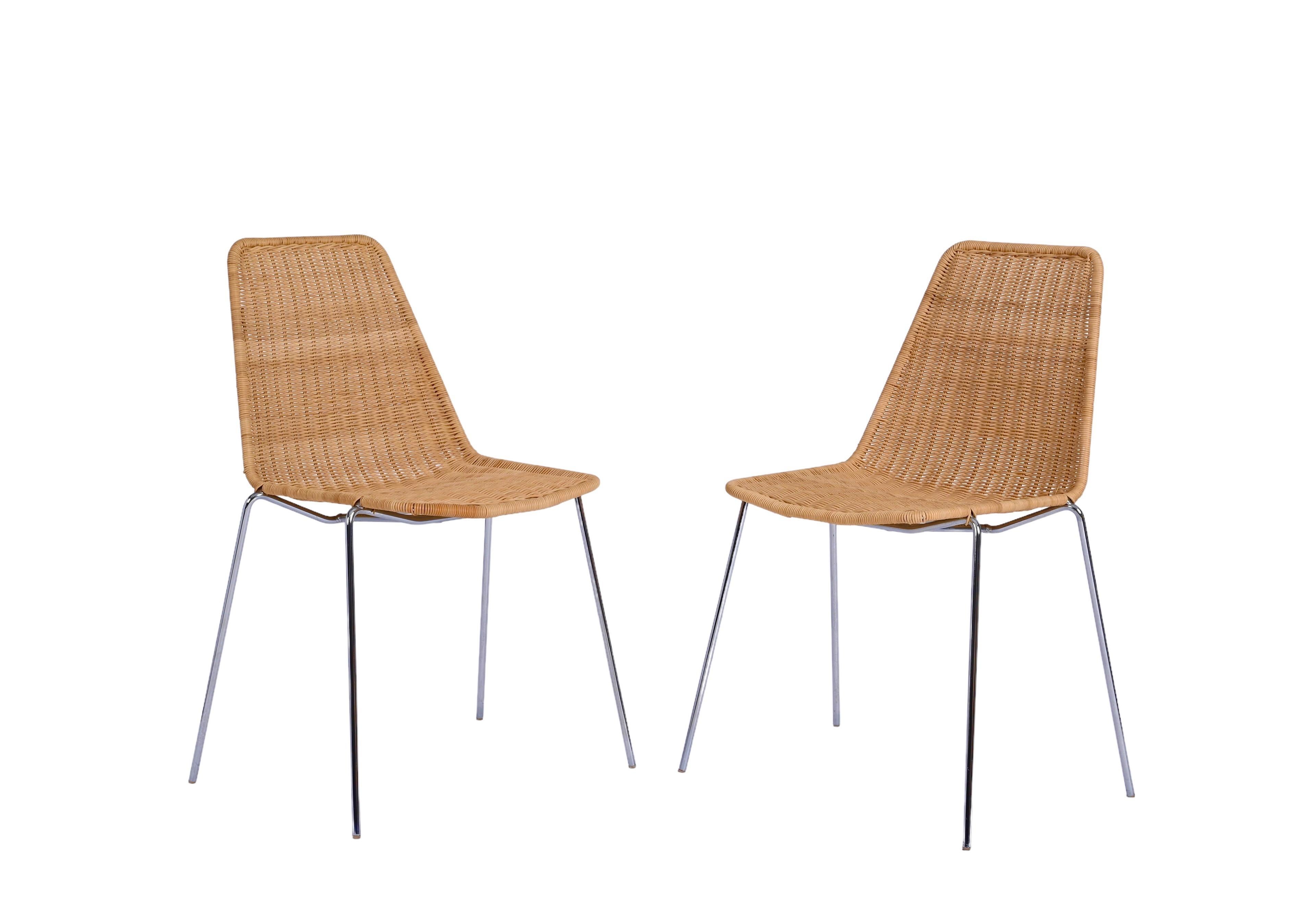 Fin du 20e siècle Ensemble de 4 chaises italiennes du milieu du siècle en métal chromé et rotin, Campo & Graffi, années 1970 en vente