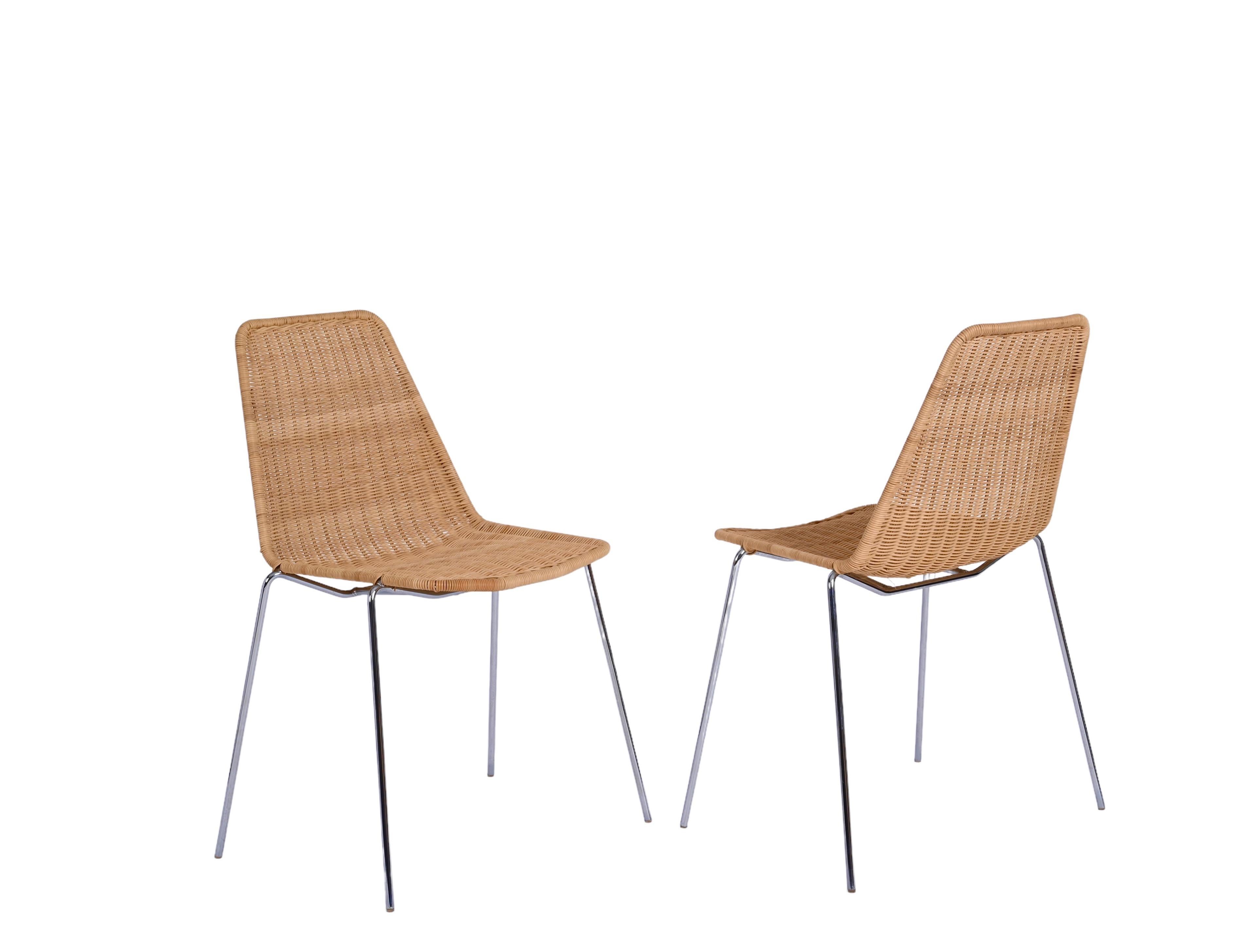 Mid-Century Set of 4 Chromed Metal, Rattan Italian Chairs, Campo & Graffi 1970s For Sale 1