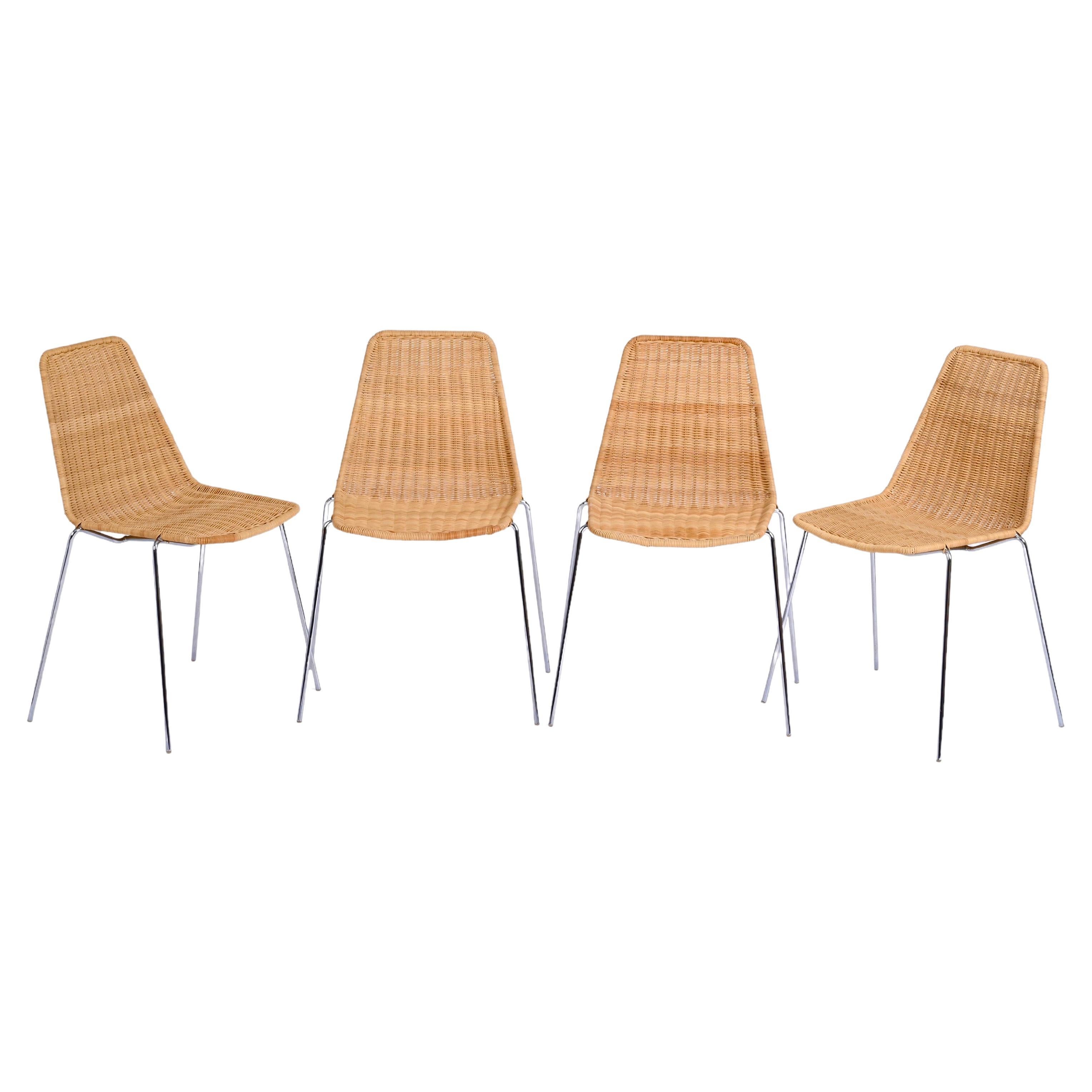 Mid-Century Set of 4 Chromed Metal, Rattan Italian Chairs, Campo & Graffi 1970s For Sale