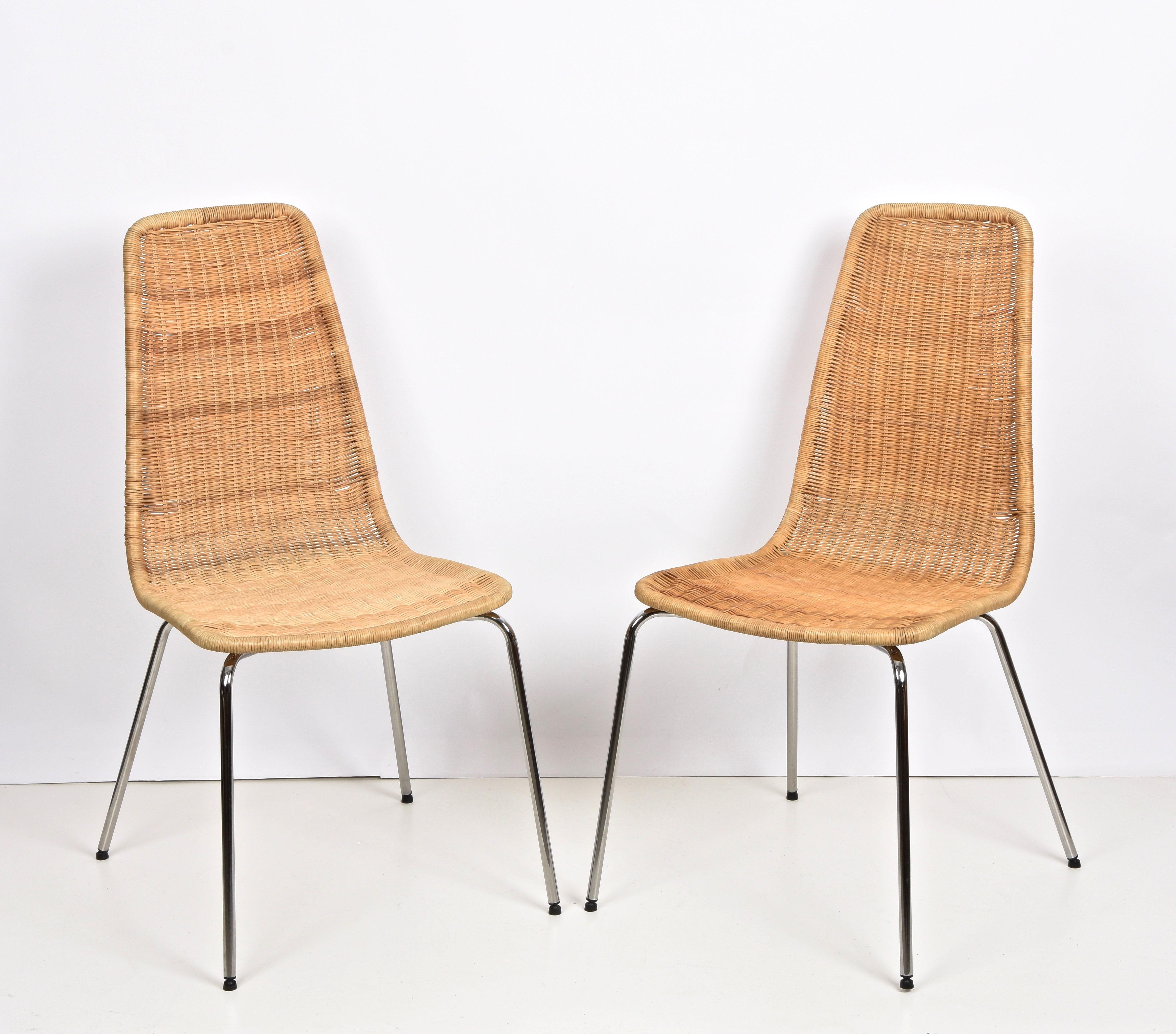 Midcentury Chromed Metal with Removable Rattan and Wicker Italian Chairs, 1970s For Sale 5