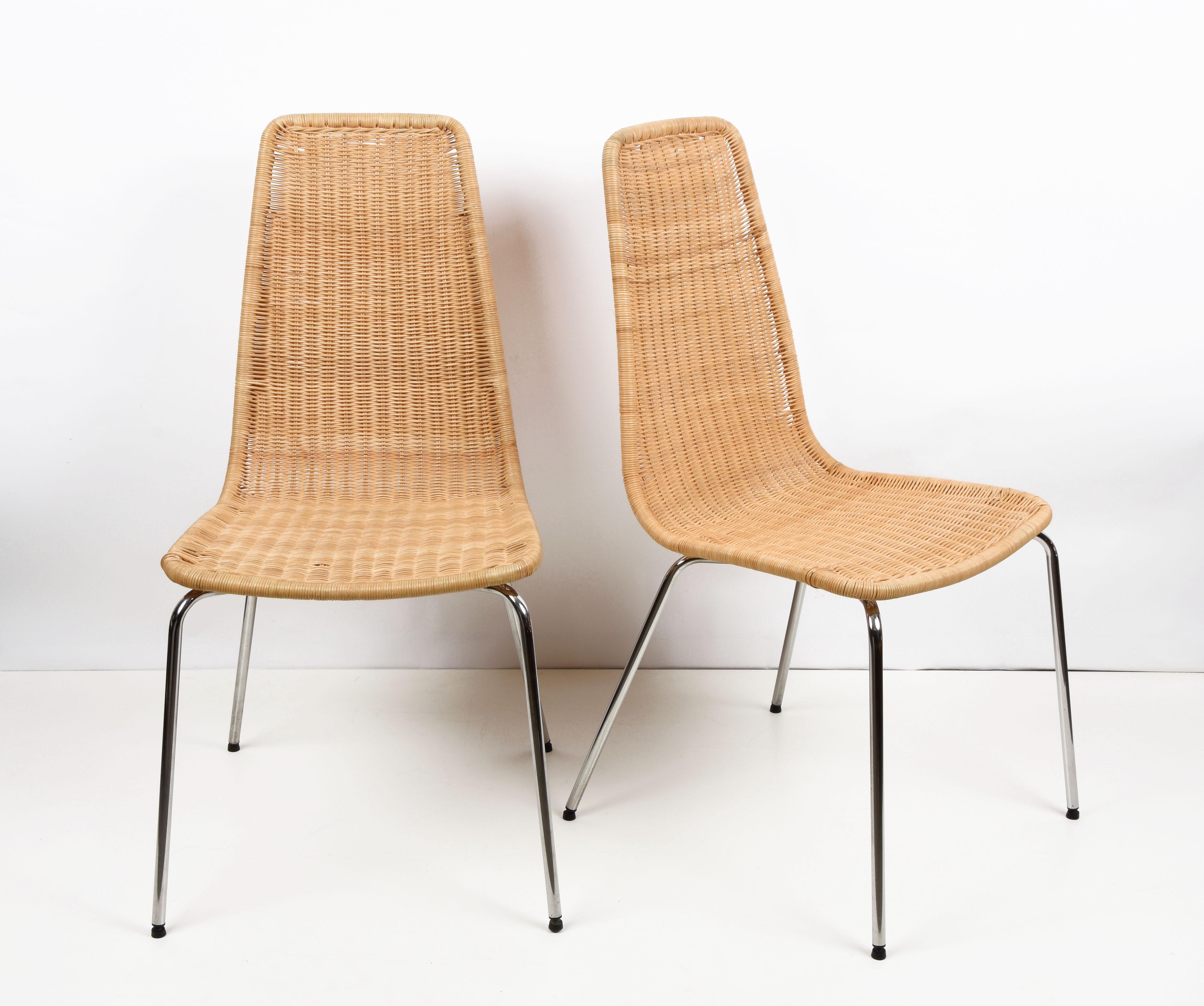 Midcentury Chromed Metal with Removable Rattan and Wicker Italian Chairs, 1970s In Good Condition For Sale In Roma, IT