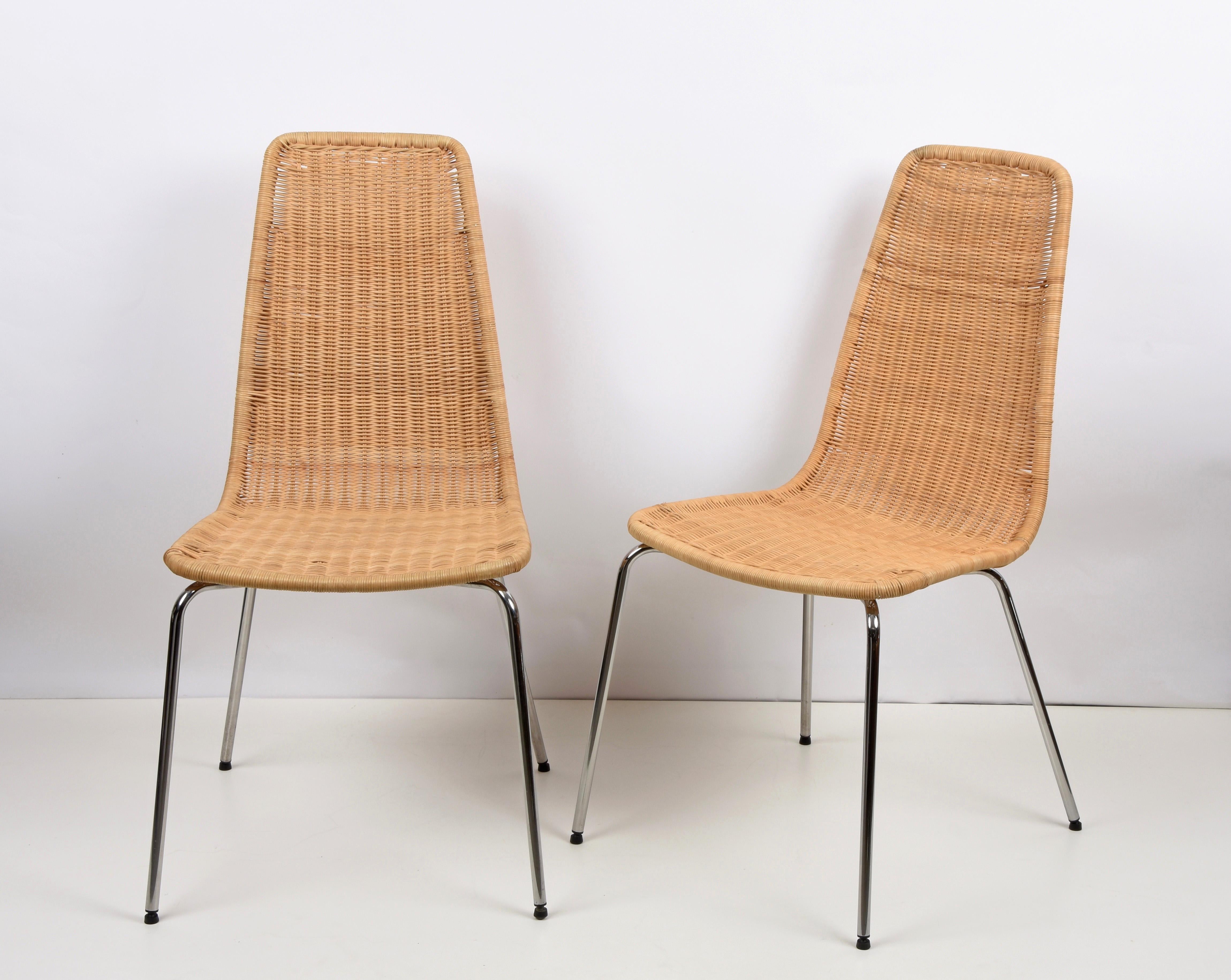 Late 20th Century Midcentury Chromed Metal with Removable Rattan and Wicker Italian Chairs, 1970s For Sale