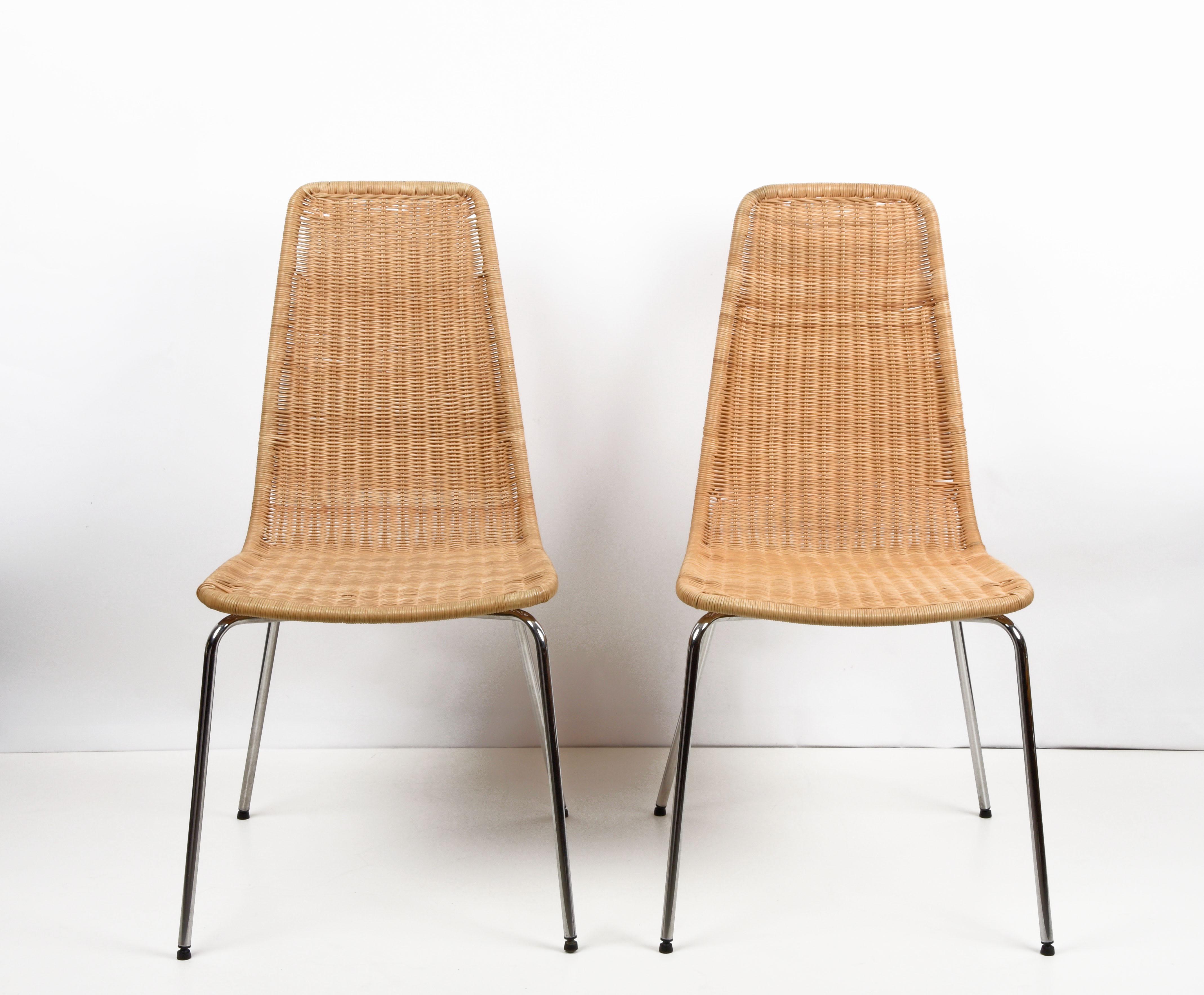 Midcentury Chromed Metal with Removable Rattan and Wicker Italian Chairs, 1970s For Sale 1
