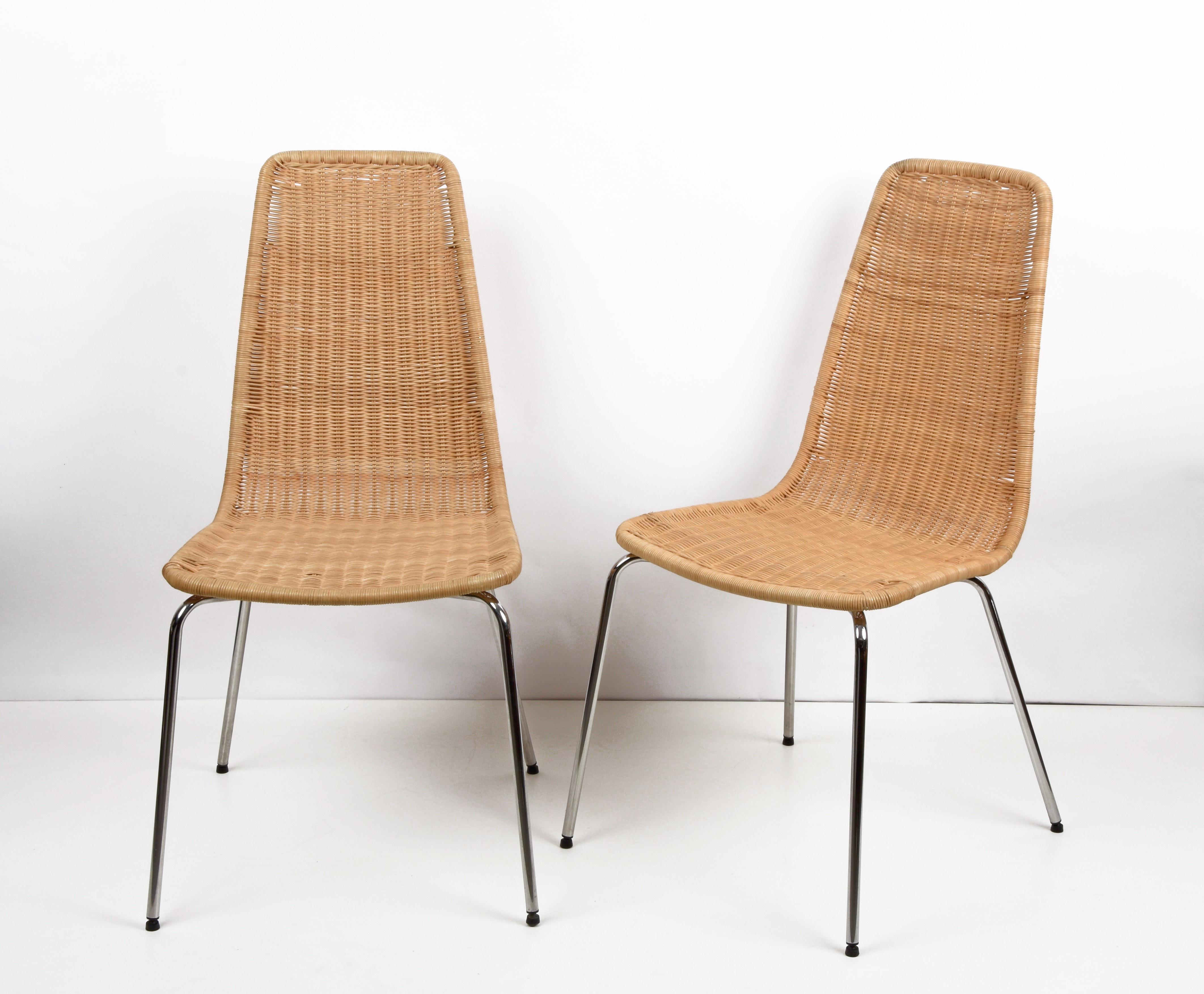Midcentury Chromed Metal with Removable Rattan and Wicker Italian Chairs, 1970s For Sale 2