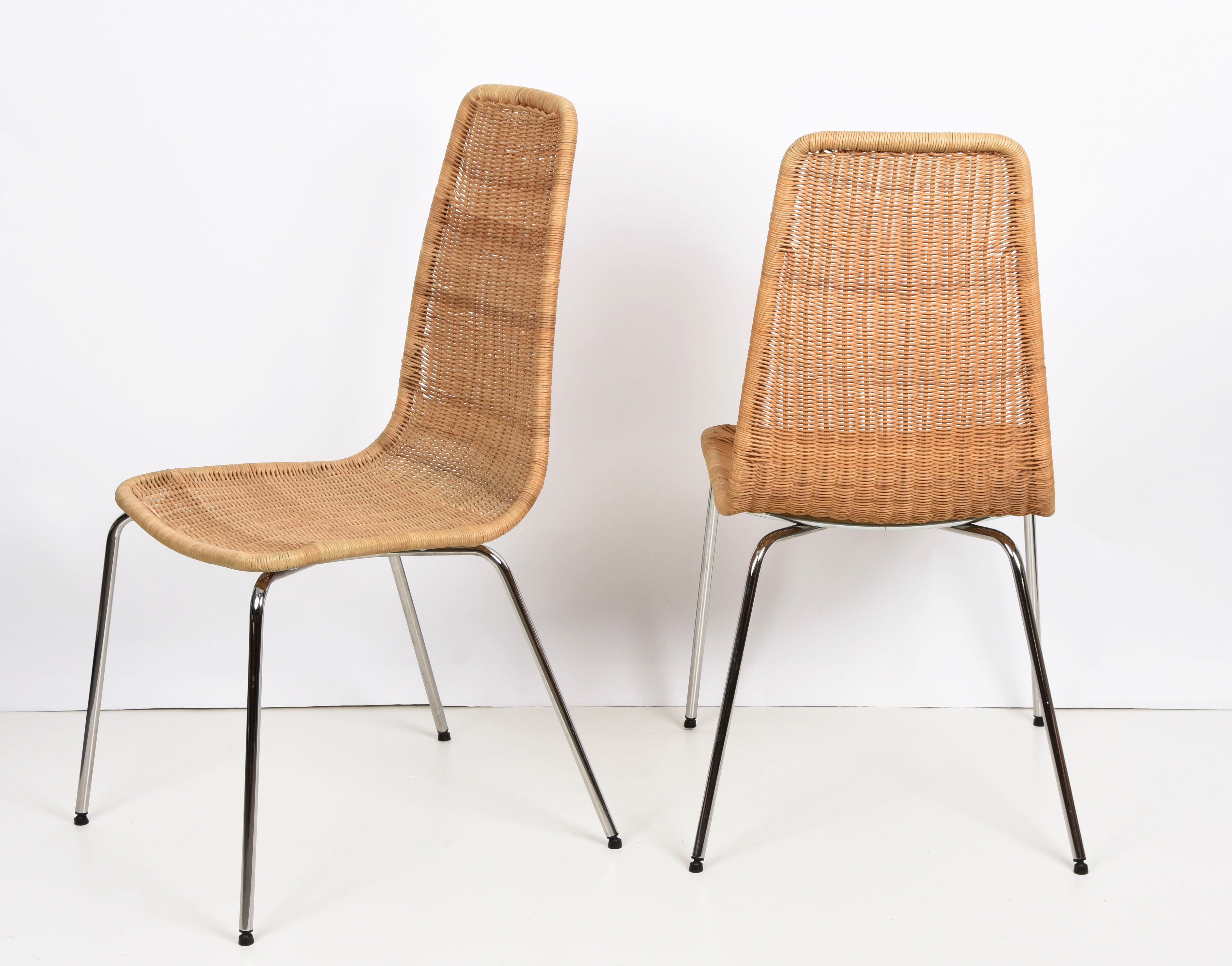 Midcentury Chromed Metal with Removable Rattan and Wicker Italian Chairs, 1970s For Sale 3